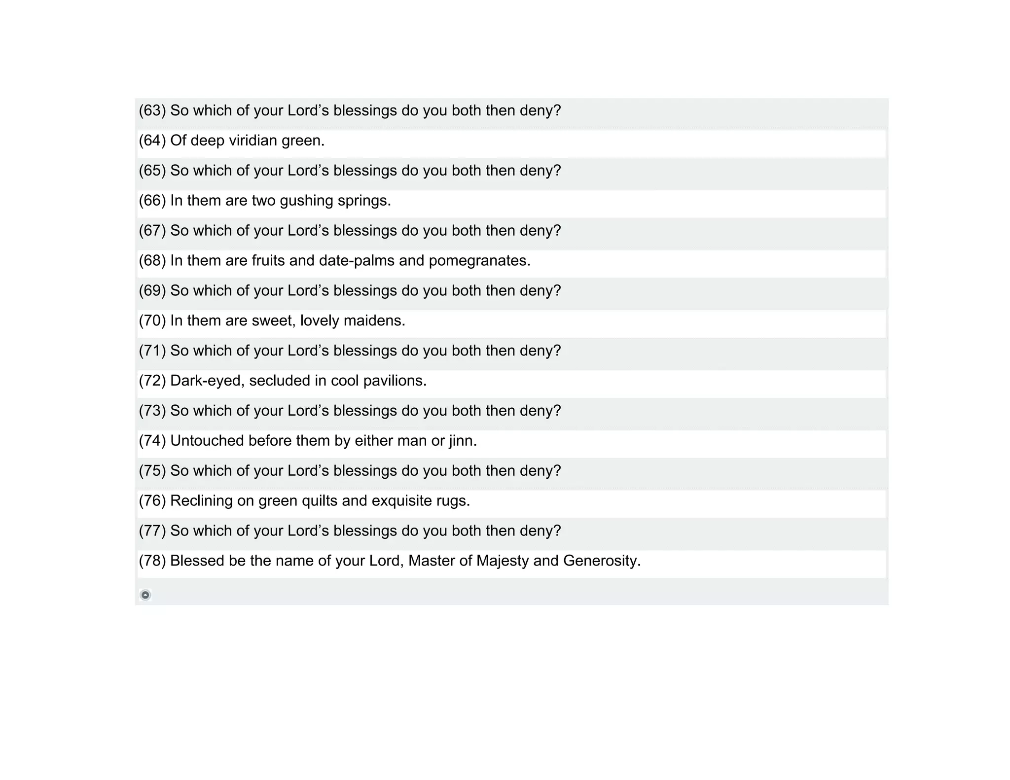 (63) So which of your Lord’s blessings do you both then deny?
(64) Of deep viridian green.
(65) So which of your Lord’s blessings do you both then deny?
(66) In them are two gushing springs.
(67) So which of your Lord’s blessings do you both then deny?
(68) In them are fruits and date-palms and pomegranates.
(69) So which of your Lord’s blessings do you both then deny?
(70) In them are sweet, lovely maidens.
(71) So which of your Lord’s blessings do you both then deny?
(72) Dark-eyed, secluded in cool pavilions.
(73) So which of your Lord’s blessings do you both then deny?
(74) Untouched before them by either man or jinn.
(75) So which of your Lord’s blessings do you both then deny?
(76) Reclining on green quilts and exquisite rugs.
(77) So which of your Lord’s blessings do you both then deny?
(78) Blessed be the name of your Lord, Master of Majesty and Generosity.
 