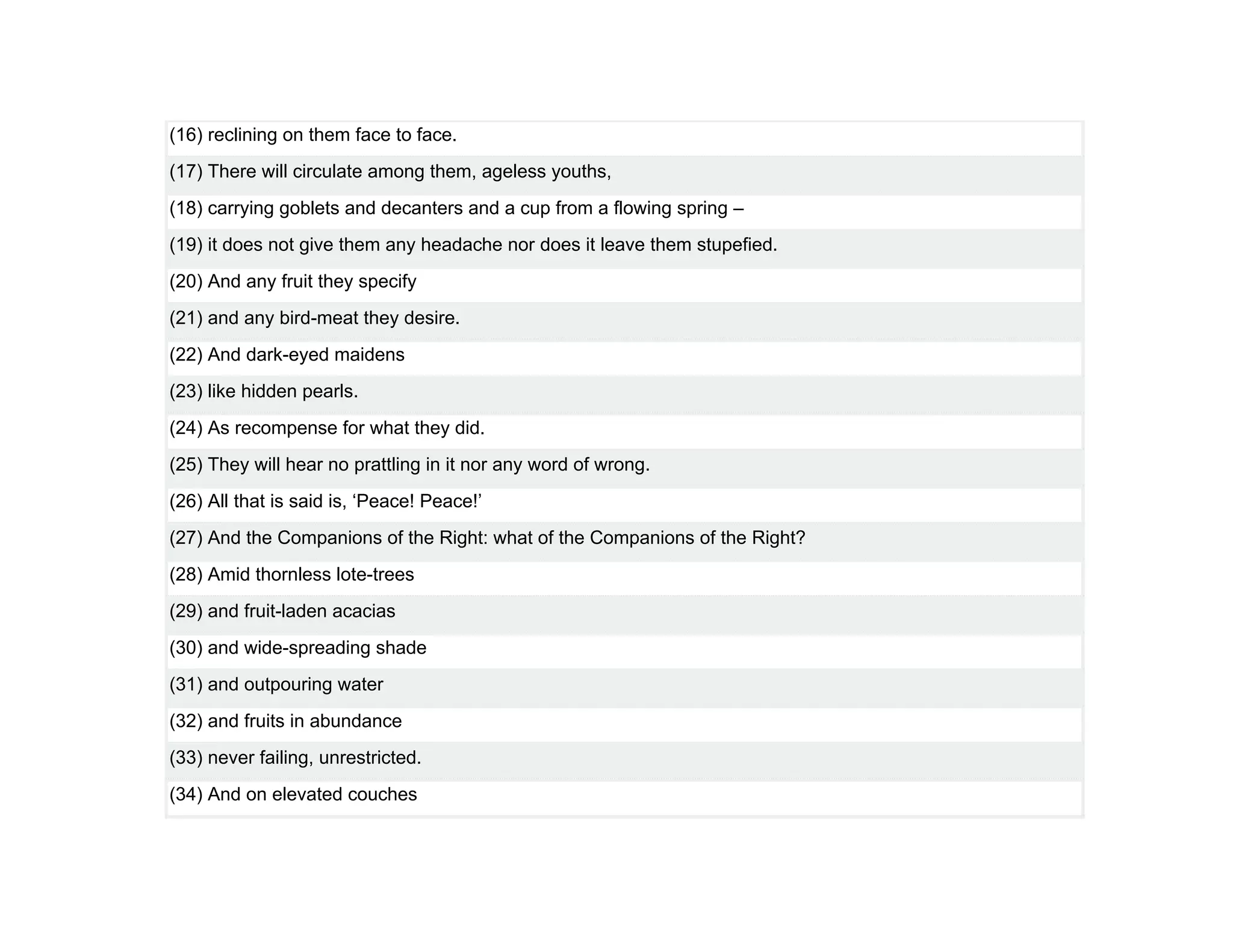 (16) reclining on them face to face.
(17) There will circulate among them, ageless youths,
(18) carrying goblets and decanters and a cup from a flowing spring –
(19) it does not give them any headache nor does it leave them stupefied.
(20) And any fruit they specify
(21) and any bird-meat they desire.
(22) And dark-eyed maidens
(23) like hidden pearls.
(24) As recompense for what they did.
(25) They will hear no prattling in it nor any word of wrong.
(26) All that is said is, ‘Peace! Peace!’
(27) And the Companions of the Right: what of the Companions of the Right?
(28) Amid thornless lote-trees
(29) and fruit-laden acacias
(30) and wide-spreading shade
(31) and outpouring water
(32) and fruits in abundance
(33) never failing, unrestricted.
(34) And on elevated couches
 