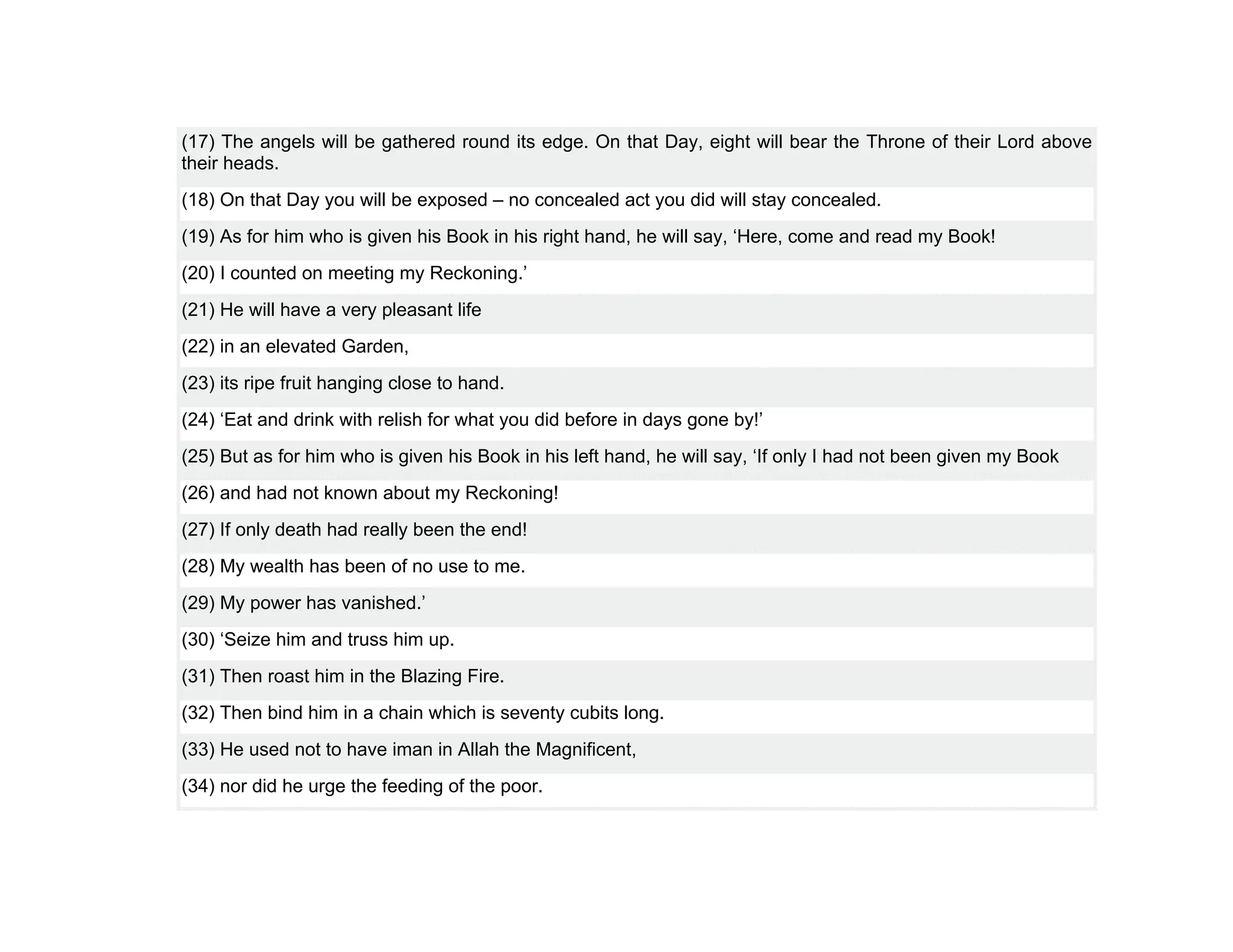 (17) The angels will be gathered round its edge. On that Day, eight will bear the Throne of their Lord above
their heads.
(18) On that Day you will be exposed – no concealed act you did will stay concealed.
(19) As for him who is given his Book in his right hand, he will say, ‘Here, come and read my Book!
(20) I counted on meeting my Reckoning.’
(21) He will have a very pleasant life
(22) in an elevated Garden,
(23) its ripe fruit hanging close to hand.
(24) ‘Eat and drink with relish for what you did before in days gone by!’
(25) But as for him who is given his Book in his left hand, he will say, ‘If only I had not been given my Book
(26) and had not known about my Reckoning!
(27) If only death had really been the end!
(28) My wealth has been of no use to me.
(29) My power has vanished.’
(30) ‘Seize him and truss him up.
(31) Then roast him in the Blazing Fire.
(32) Then bind him in a chain which is seventy cubits long.
(33) He used not to have iman in Allah the Magnificent,
(34) nor did he urge the feeding of the poor.
 