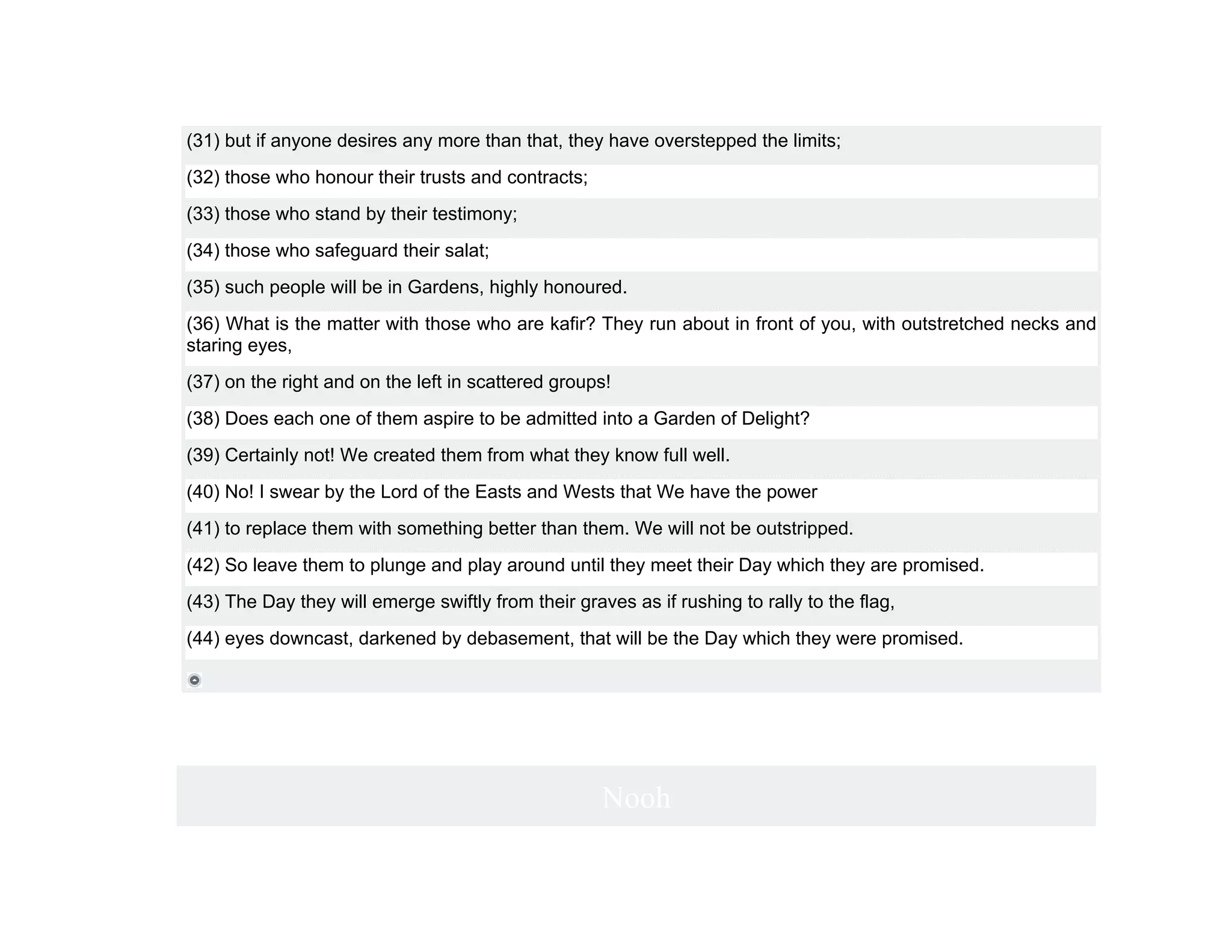 (31) but if anyone desires any more than that, they have overstepped the limits;
(32) those who honour their trusts and contracts;
(33) those who stand by their testimony;
(34) those who safeguard their salat;
(35) such people will be in Gardens, highly honoured.
(36) What is the matter with those who are kafir? They run about in front of you, with outstretched necks and
staring eyes,
(37) on the right and on the left in scattered groups!
(38) Does each one of them aspire to be admitted into a Garden of Delight?
(39) Certainly not! We created them from what they know full well.
(40) No! I swear by the Lord of the Easts and Wests that We have the power
(41) to replace them with something better than them. We will not be outstripped.
(42) So leave them to plunge and play around until they meet their Day which they are promised.
(43) The Day they will emerge swiftly from their graves as if rushing to rally to the flag,
(44) eyes downcast, darkened by debasement, that will be the Day which they were promised.




                                                     Nooh
 