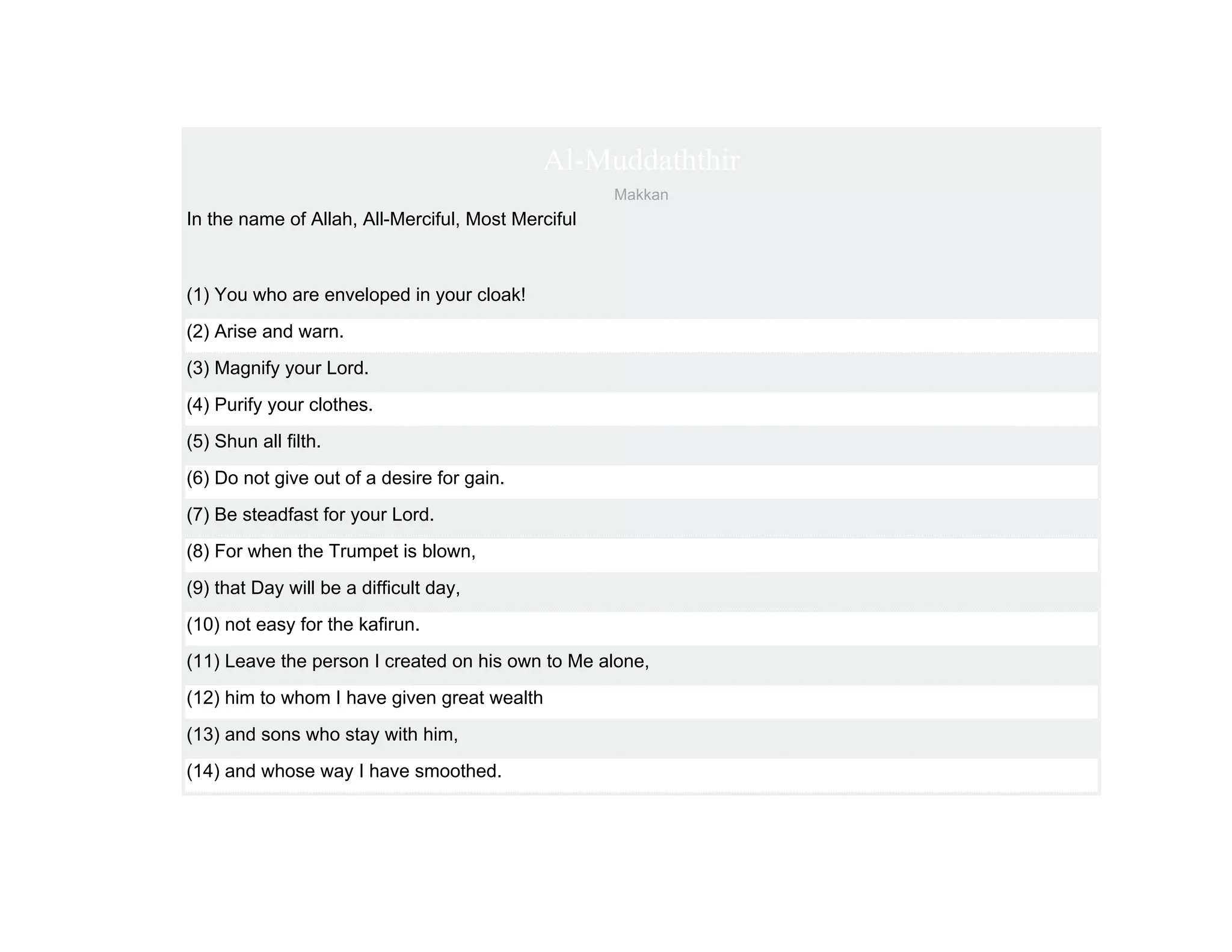 Al-Muddaththir
                                                    Makkan
In the name of Allah, All-Merciful, Most Merciful



(1) You who are enveloped in your cloak!
(2) Arise and warn.
(3) Magnify your Lord.
(4) Purify your clothes.
(5) Shun all filth.
(6) Do not give out of a desire for gain.
(7) Be steadfast for your Lord.
(8) For when the Trumpet is blown,
(9) that Day will be a difficult day,
(10) not easy for the kafirun.
(11) Leave the person I created on his own to Me alone,
(12) him to whom I have given great wealth
(13) and sons who stay with him,
(14) and whose way I have smoothed.
 