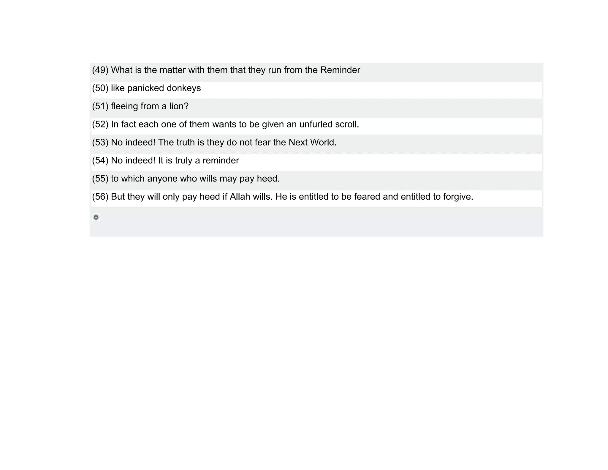 (49) What is the matter with them that they run from the Reminder
(50) like panicked donkeys
(51) fleeing from a lion?
(52) In fact each one of them wants to be given an unfurled scroll.
(53) No indeed! The truth is they do not fear the Next World.
(54) No indeed! It is truly a reminder
(55) to which anyone who wills may pay heed.
(56) But they will only pay heed if Allah wills. He is entitled to be feared and entitled to forgive.
 