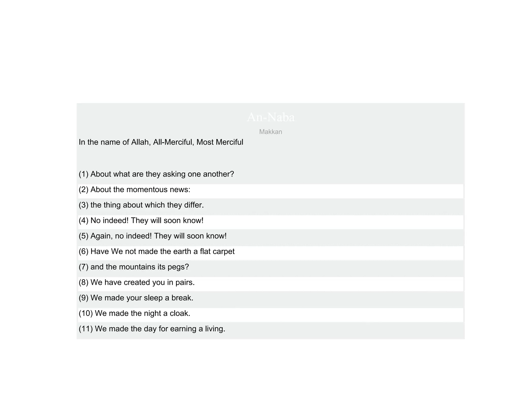 An-Naba
                                                     Makkan
In the name of Allah, All-Merciful, Most Merciful



(1) About what are they asking one another?
(2) About the momentous news:
(3) the thing about which they differ.
(4) No indeed! They will soon know!
(5) Again, no indeed! They will soon know!
(6) Have We not made the earth a flat carpet
(7) and the mountains its pegs?
(8) We have created you in pairs.
(9) We made your sleep a break.
(10) We made the night a cloak.
(11) We made the day for earning a living.
 