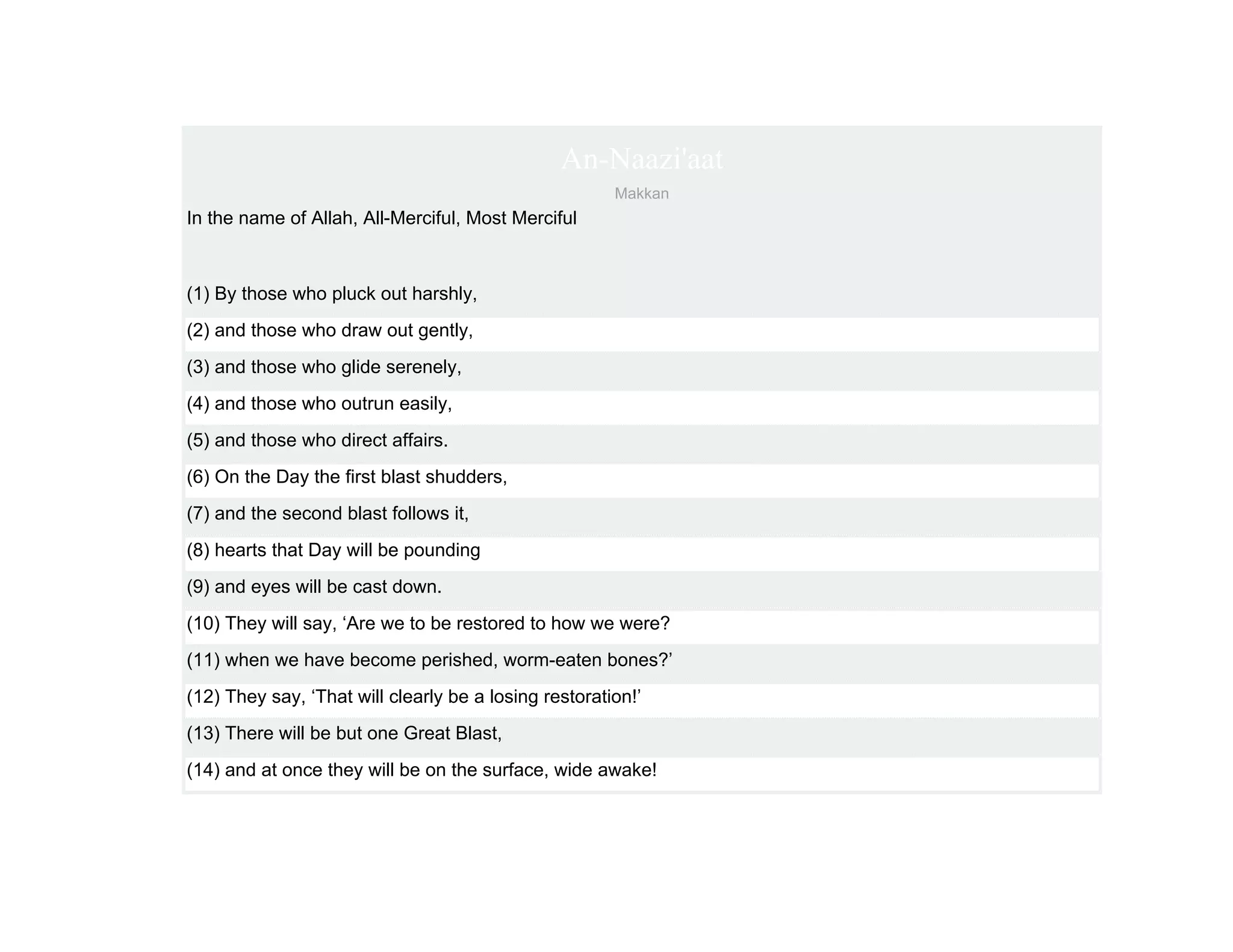 An-Naazi'aat
                                                       Makkan
In the name of Allah, All-Merciful, Most Merciful



(1) By those who pluck out harshly,
(2) and those who draw out gently,
(3) and those who glide serenely,
(4) and those who outrun easily,
(5) and those who direct affairs.
(6) On the Day the first blast shudders,
(7) and the second blast follows it,
(8) hearts that Day will be pounding
(9) and eyes will be cast down.
(10) They will say, ‘Are we to be restored to how we were?
(11) when we have become perished, worm-eaten bones?’
(12) They say, ‘That will clearly be a losing restoration!’
(13) There will be but one Great Blast,
(14) and at once they will be on the surface, wide awake!
 