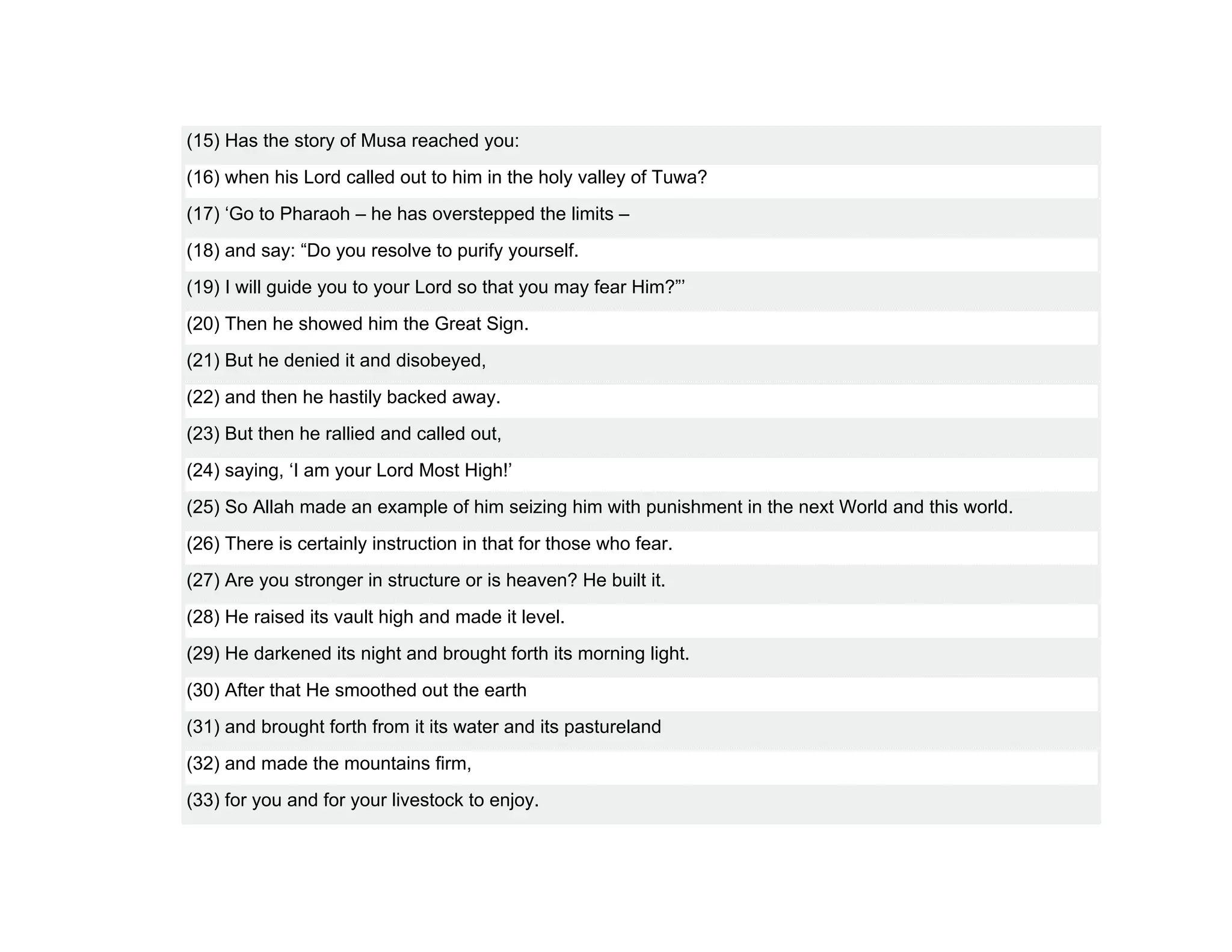(15) Has the story of Musa reached you:
(16) when his Lord called out to him in the holy valley of Tuwa?
(17) ‘Go to Pharaoh – he has overstepped the limits –
(18) and say: “Do you resolve to purify yourself.
(19) I will guide you to your Lord so that you may fear Him?”’
(20) Then he showed him the Great Sign.
(21) But he denied it and disobeyed,
(22) and then he hastily backed away.
(23) But then he rallied and called out,
(24) saying, ‘I am your Lord Most High!’
(25) So Allah made an example of him seizing him with punishment in the next World and this world.
(26) There is certainly instruction in that for those who fear.
(27) Are you stronger in structure or is heaven? He built it.
(28) He raised its vault high and made it level.
(29) He darkened its night and brought forth its morning light.
(30) After that He smoothed out the earth
(31) and brought forth from it its water and its pastureland
(32) and made the mountains firm,
(33) for you and for your livestock to enjoy.
 