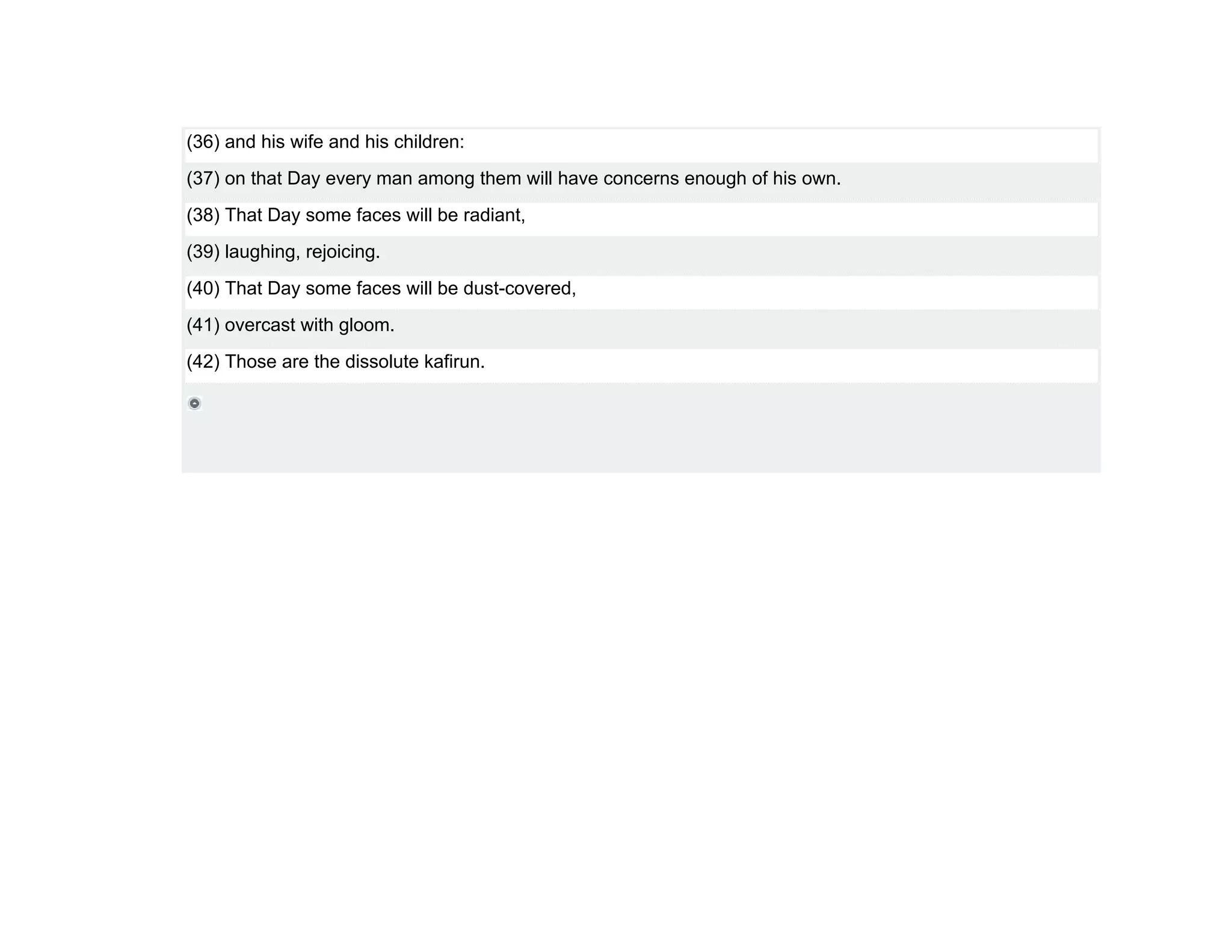 (36) and his wife and his children:
(37) on that Day every man among them will have concerns enough of his own.
(38) That Day some faces will be radiant,
(39) laughing, rejoicing.
(40) That Day some faces will be dust-covered,
(41) overcast with gloom.
(42) Those are the dissolute kafirun.
 