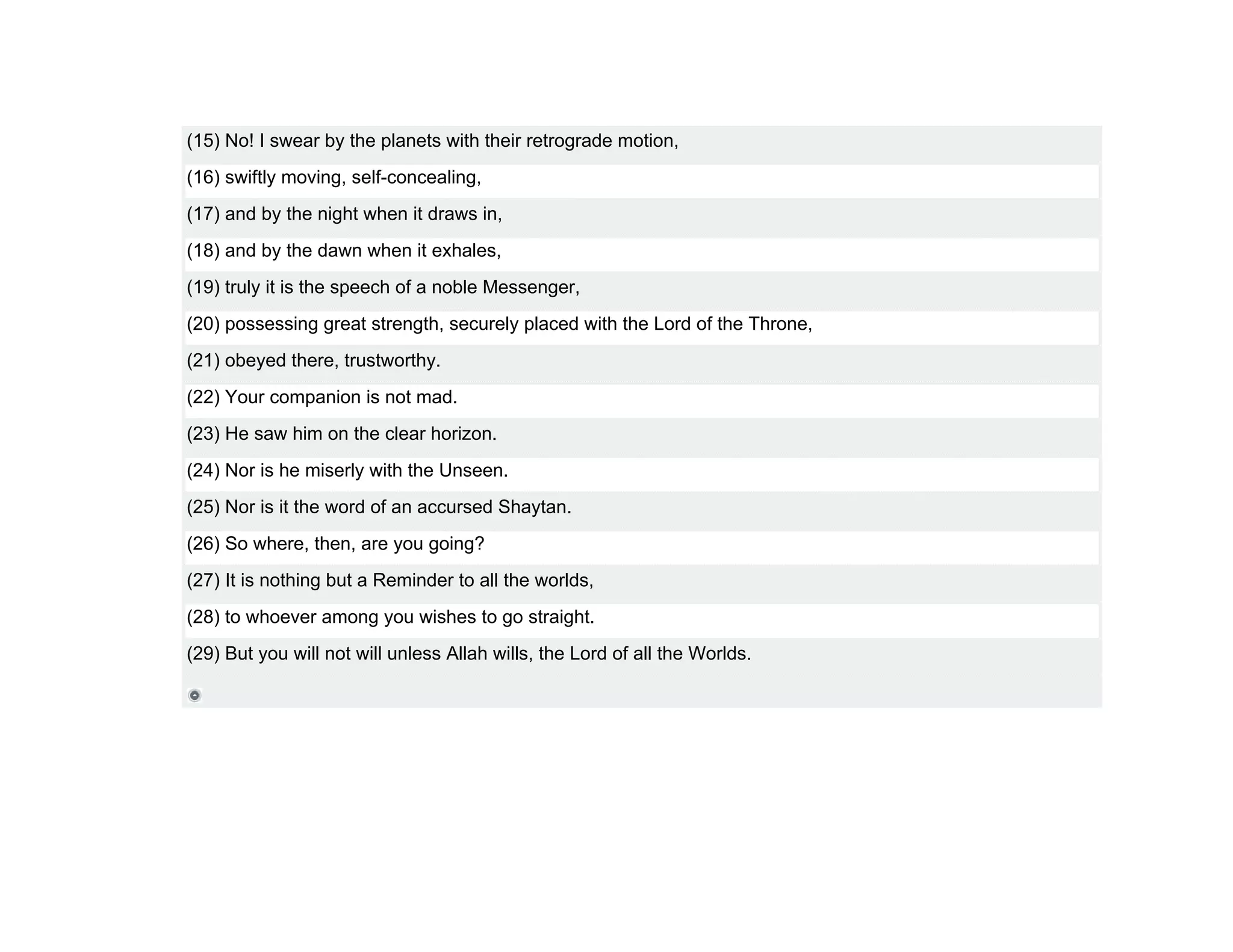 (15) No! I swear by the planets with their retrograde motion,
(16) swiftly moving, self-concealing,
(17) and by the night when it draws in,
(18) and by the dawn when it exhales,
(19) truly it is the speech of a noble Messenger,
(20) possessing great strength, securely placed with the Lord of the Throne,
(21) obeyed there, trustworthy.
(22) Your companion is not mad.
(23) He saw him on the clear horizon.
(24) Nor is he miserly with the Unseen.
(25) Nor is it the word of an accursed Shaytan.
(26) So where, then, are you going?
(27) It is nothing but a Reminder to all the worlds,
(28) to whoever among you wishes to go straight.
(29) But you will not will unless Allah wills, the Lord of all the Worlds.
 