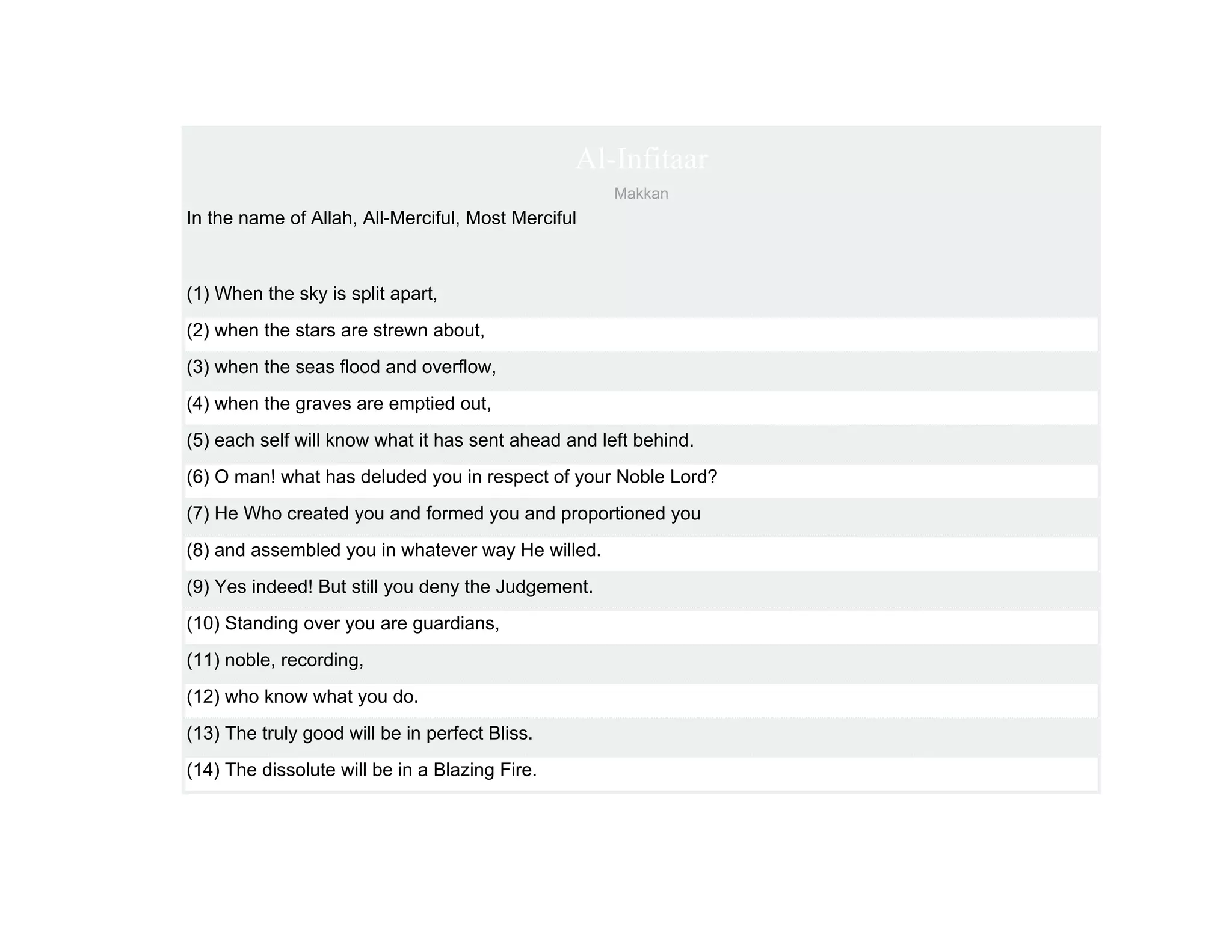 Al-Infitaar
                                                     Makkan
In the name of Allah, All-Merciful, Most Merciful



(1) When the sky is split apart,
(2) when the stars are strewn about,
(3) when the seas flood and overflow,
(4) when the graves are emptied out,
(5) each self will know what it has sent ahead and left behind.
(6) O man! what has deluded you in respect of your Noble Lord?
(7) He Who created you and formed you and proportioned you
(8) and assembled you in whatever way He willed.
(9) Yes indeed! But still you deny the Judgement.
(10) Standing over you are guardians,
(11) noble, recording,
(12) who know what you do.
(13) The truly good will be in perfect Bliss.
(14) The dissolute will be in a Blazing Fire.
 