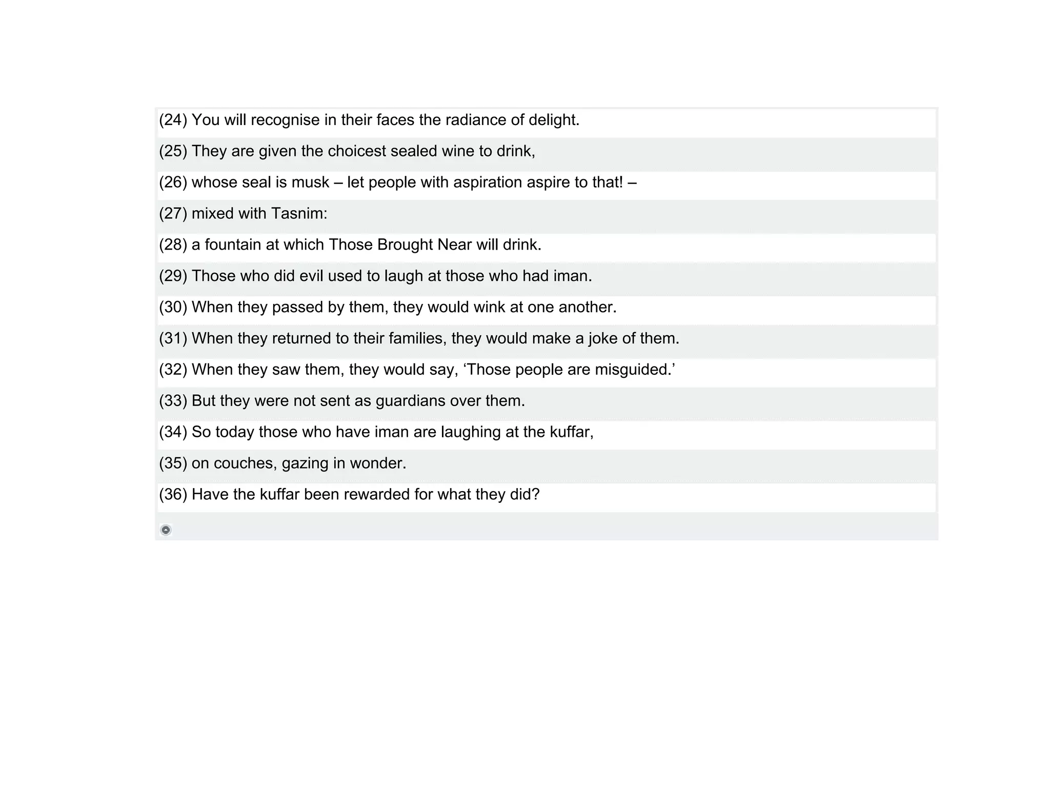 (24) You will recognise in their faces the radiance of delight.
(25) They are given the choicest sealed wine to drink,
(26) whose seal is musk – let people with aspiration aspire to that! –
(27) mixed with Tasnim:
(28) a fountain at which Those Brought Near will drink.
(29) Those who did evil used to laugh at those who had iman.
(30) When they passed by them, they would wink at one another.
(31) When they returned to their families, they would make a joke of them.
(32) When they saw them, they would say, ‘Those people are misguided.’
(33) But they were not sent as guardians over them.
(34) So today those who have iman are laughing at the kuffar,
(35) on couches, gazing in wonder.
(36) Have the kuffar been rewarded for what they did?
 