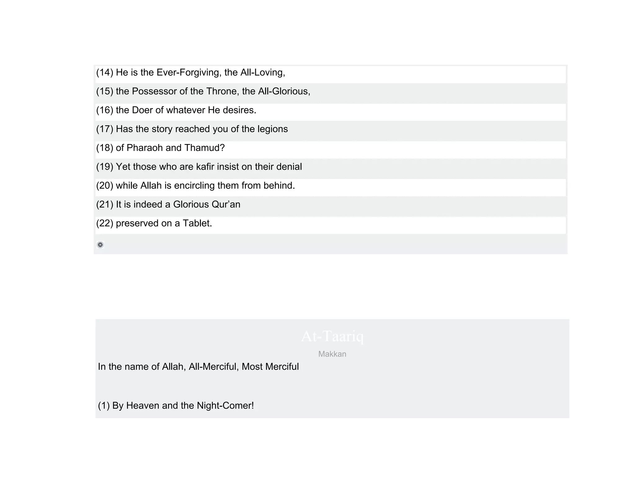 (14) He is the Ever-Forgiving, the All-Loving,
(15) the Possessor of the Throne, the All-Glorious,
(16) the Doer of whatever He desires.
(17) Has the story reached you of the legions
(18) of Pharaoh and Thamud?
(19) Yet those who are kafir insist on their denial
(20) while Allah is encircling them from behind.
(21) It is indeed a Glorious Qur’an
(22) preserved on a Tablet.




                                                    At-Taariq
                                                      Makkan
In the name of Allah, All-Merciful, Most Merciful



(1) By Heaven and the Night-Comer!
 