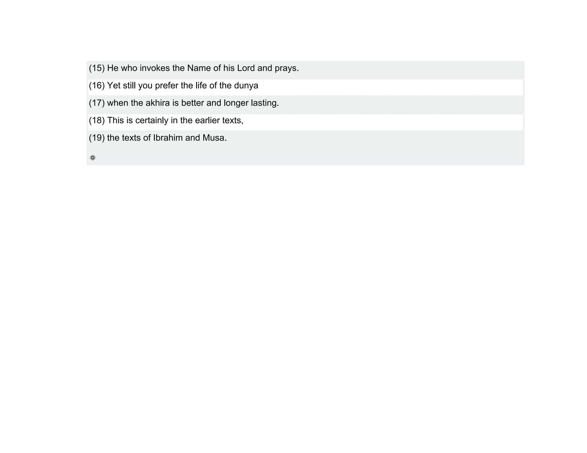(15) He who invokes the Name of his Lord and prays.
(16) Yet still you prefer the life of the dunya
(17) when the akhira is better and longer lasting.
(18) This is certainly in the earlier texts,
(19) the texts of Ibrahim and Musa.
 