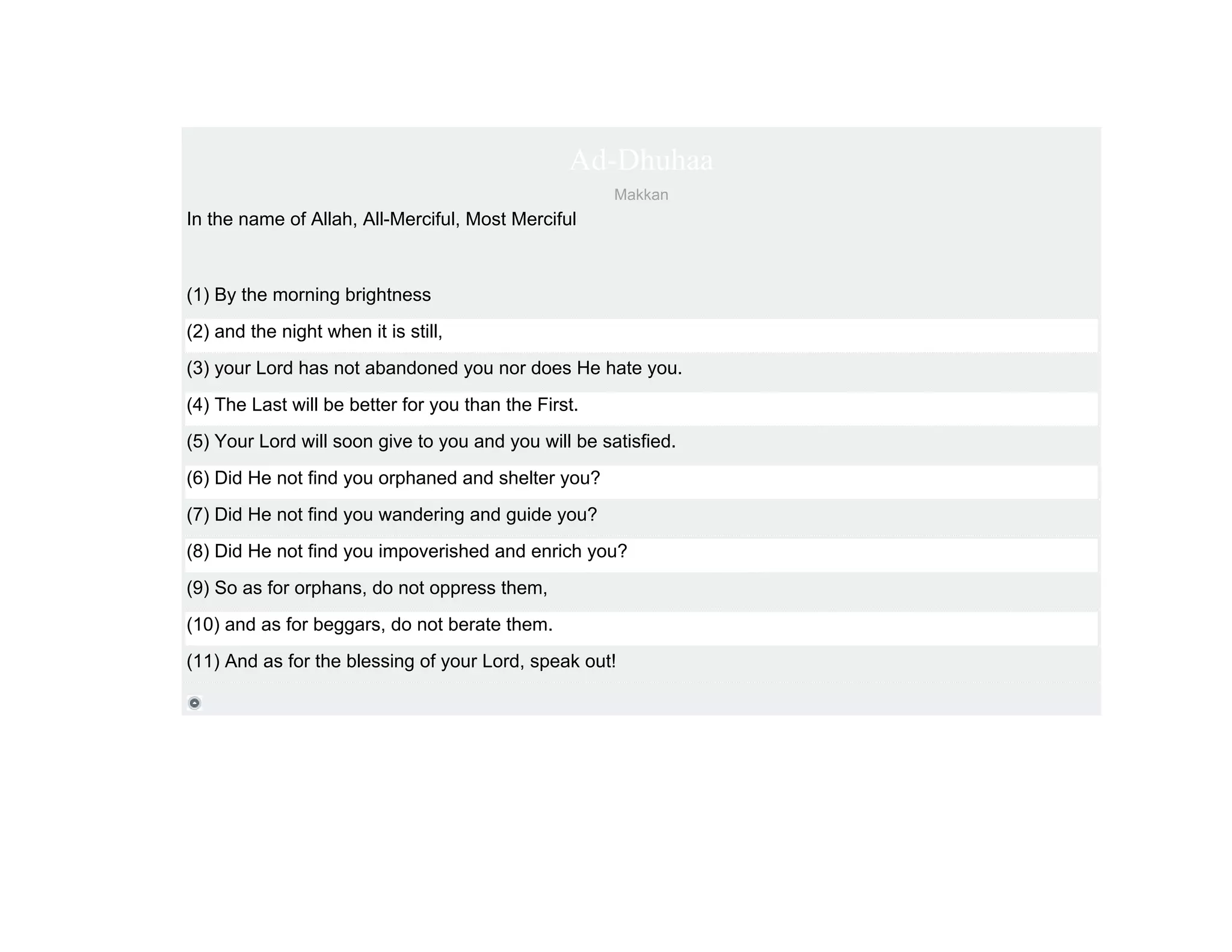 Ad-Dhuhaa
                                                      Makkan
In the name of Allah, All-Merciful, Most Merciful



(1) By the morning brightness
(2) and the night when it is still,
(3) your Lord has not abandoned you nor does He hate you.
(4) The Last will be better for you than the First.
(5) Your Lord will soon give to you and you will be satisfied.
(6) Did He not find you orphaned and shelter you?
(7) Did He not find you wandering and guide you?
(8) Did He not find you impoverished and enrich you?
(9) So as for orphans, do not oppress them,
(10) and as for beggars, do not berate them.
(11) And as for the blessing of your Lord, speak out!
 