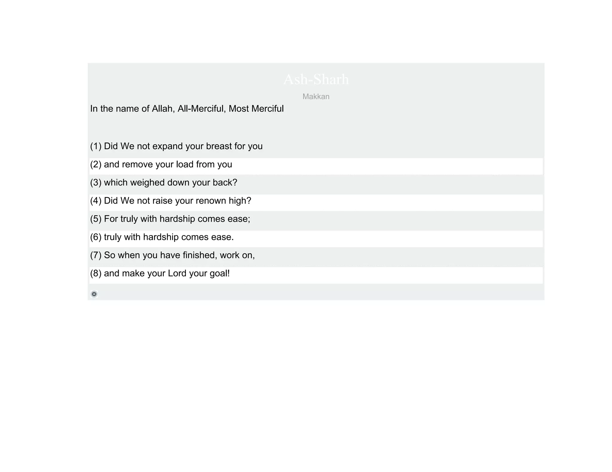 Ash-Sharh
                                                    Makkan
In the name of Allah, All-Merciful, Most Merciful



(1) Did We not expand your breast for you
(2) and remove your load from you
(3) which weighed down your back?
(4) Did We not raise your renown high?
(5) For truly with hardship comes ease;
(6) truly with hardship comes ease.
(7) So when you have finished, work on,
(8) and make your Lord your goal!
 