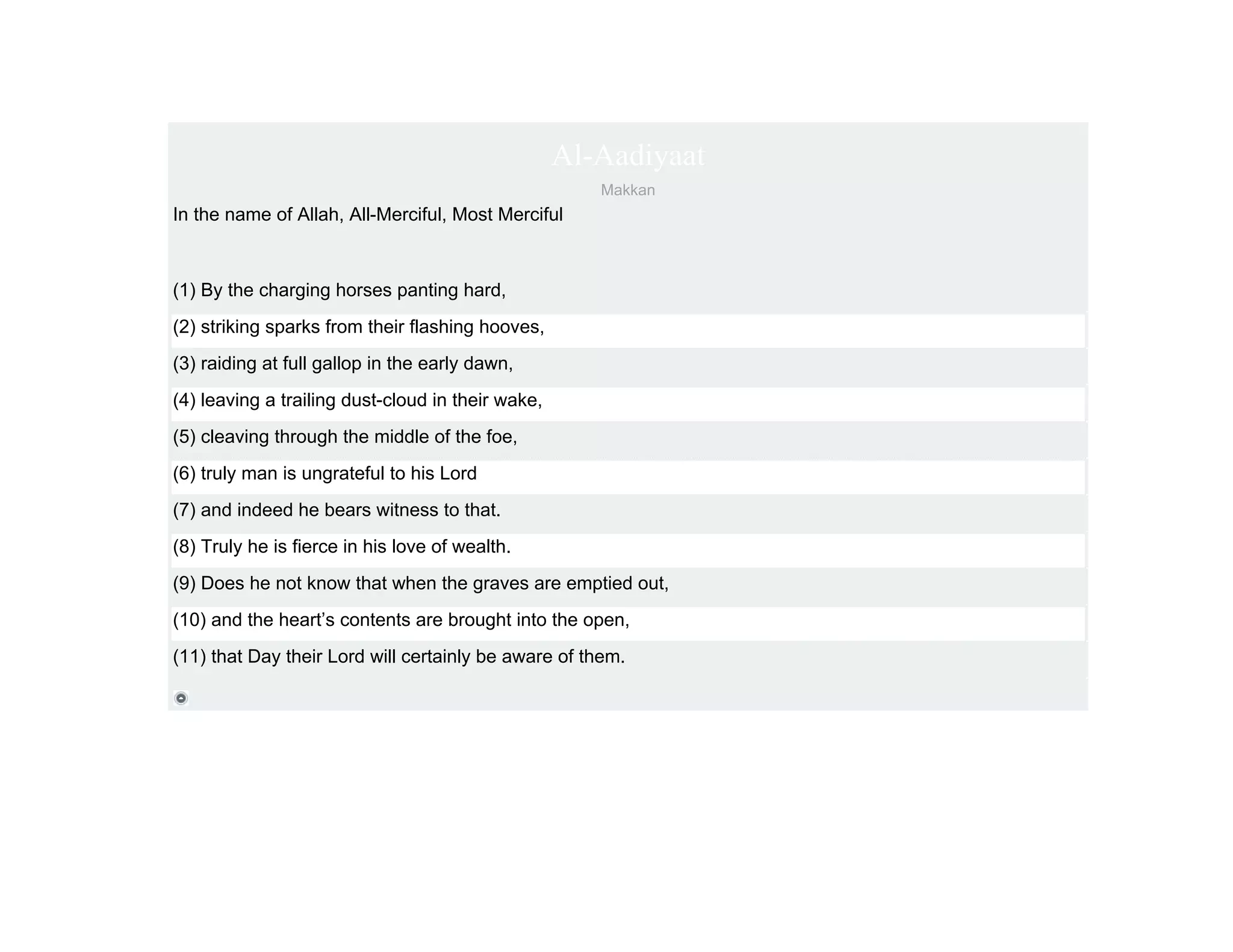 Al-Aadiyaat
                                                      Makkan
In the name of Allah, All-Merciful, Most Merciful



(1) By the charging horses panting hard,
(2) striking sparks from their flashing hooves,
(3) raiding at full gallop in the early dawn,
(4) leaving a trailing dust-cloud in their wake,
(5) cleaving through the middle of the foe,
(6) truly man is ungrateful to his Lord
(7) and indeed he bears witness to that.
(8) Truly he is fierce in his love of wealth.
(9) Does he not know that when the graves are emptied out,
(10) and the heart’s contents are brought into the open,
(11) that Day their Lord will certainly be aware of them.
 