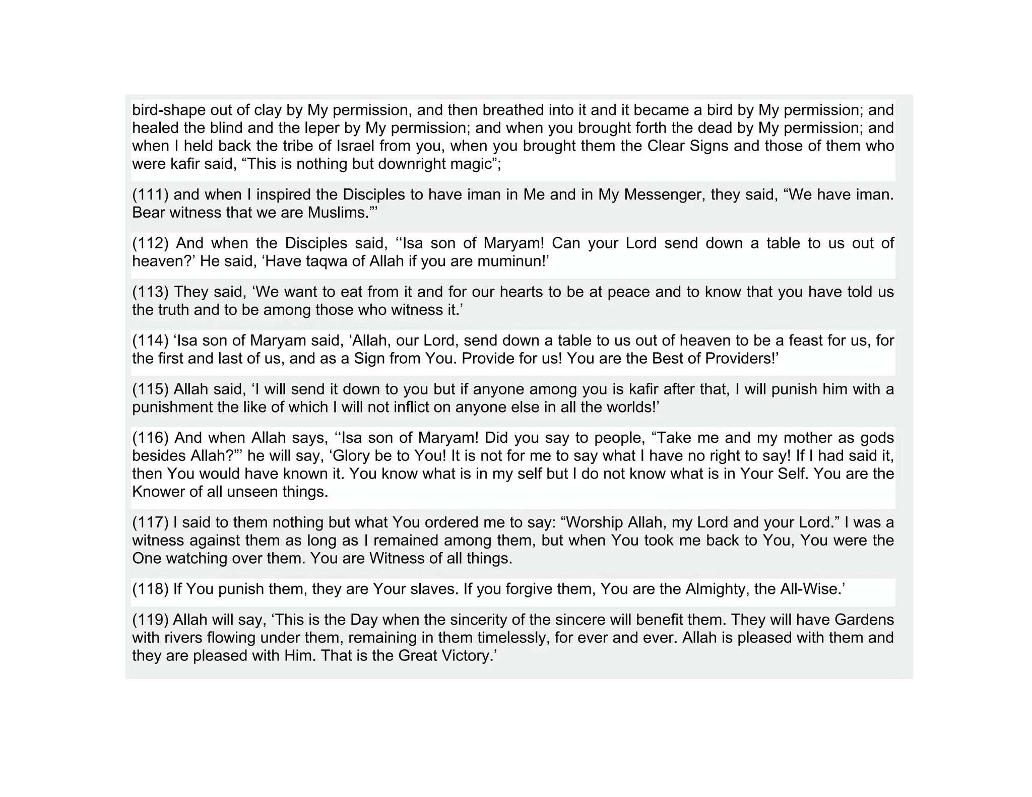 bird-shape out of clay by My permission, and then breathed into it and it became a bird by My permission; and
healed the blind and the leper by My permission; and when you brought forth the dead by My permission; and
when I held back the tribe of Israel from you, when you brought them the Clear Signs and those of them who
were kafir said, “This is nothing but downright magic”;
(111) and when I inspired the Disciples to have iman in Me and in My Messenger, they said, “We have iman.
Bear witness that we are Muslims.”’
(112) And when the Disciples said, ‘‘Isa son of Maryam! Can your Lord send down a table to us out of
heaven?’ He said, ‘Have taqwa of Allah if you are muminun!’
(113) They said, ‘We want to eat from it and for our hearts to be at peace and to know that you have told us
the truth and to be among those who witness it.’
(114) ‘Isa son of Maryam said, ‘Allah, our Lord, send down a table to us out of heaven to be a feast for us, for
the first and last of us, and as a Sign from You. Provide for us! You are the Best of Providers!’
(115) Allah said, ‘I will send it down to you but if anyone among you is kafir after that, I will punish him with a
punishment the like of which I will not inflict on anyone else in all the worlds!’
(116) And when Allah says, ‘‘Isa son of Maryam! Did you say to people, “Take me and my mother as gods
besides Allah?”’ he will say, ‘Glory be to You! It is not for me to say what I have no right to say! If I had said it,
then You would have known it. You know what is in my self but I do not know what is in Your Self. You are the
Knower of all unseen things.
(117) I said to them nothing but what You ordered me to say: “Worship Allah, my Lord and your Lord.” I was a
witness against them as long as I remained among them, but when You took me back to You, You were the
One watching over them. You are Witness of all things.
(118) If You punish them, they are Your slaves. If you forgive them, You are the Almighty, the All-Wise.’
(119) Allah will say, ‘This is the Day when the sincerity of the sincere will benefit them. They will have Gardens
with rivers flowing under them, remaining in them timelessly, for ever and ever. Allah is pleased with them and
they are pleased with Him. That is the Great Victory.’
 