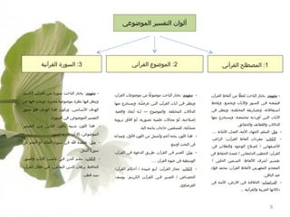 ‫ألوان التفسير الموضوعي‬

‫1: المصطلح القرآني‬

‫2: الموضوع القرآني‬

‫3: السوترة القرآنية‬

‫- مفهوم: يختاتر الباحث لفظا من ألفاظ القرآن،‬

‫- مفهوم: يختاتر الباحث موضوعا من موضوعات القرآن،‬

‫- مفهوم: يختاتر الباحمث سموترة ممن القرآمن الكريم،‬

‫فيتتبعمه فمي السموتر واليات ويجممع، ويلحظ‬

‫وينظمر فمي آيات القرآمن التمي عرضتمه، ويسمتخرج منها‬
‫تَ ،هْ‬

‫وينظر فيها نظرة موضوعية متدبرة، ويبحث فيها عن‬

‫اسمتقاقاته، وتصماتريفه المختلفمة، وينظمر في‬

‫الدللت المختلفة. والموضوع --- ل مه أبعاد واقعية‬
‫م‬

‫الهدف السماسي، ويكون هذا الهدف هو محوتر‬

‫إصملحية، أمو مجالت علميمة تصموترية، أمو آفاق تربوية‬

‫التفسير الموضوعي في السوترة.‬

‫اليات التمي أوتردتمه مجتمعمة، ويسمتخرج منها‬
‫الدللت واللطائف والحقائق.‬
‫ مثل: السلم، الجهاد، المة، العدل، المانة ....‬‫ الكتاب: مفردات ألفاظ القرآممن: الراغب‬‫الصمفهاني / إصمل ح الوجوه والنظائمر في‬
‫م‬
‫م‬
‫م‬
‫القرآن: الخطيب الدامغاني / عمدة الحفاظ في‬
‫تفس مير أشرف اللفاظ: الس ممين الحلبي /‬
‫م‬
‫م‬
‫المعجم المفهرس للفاظ القرآن: محمد فؤاد‬
‫عبد الباقي.‬
‫ الدتراسمات: الخلفمة فمي الترض، الممة في‬‫دللتها العربية والقرآنية ...‬

‫9‬

‫مسلكية، للمسلمين حاجات ماسه إليه.‬
‫ هذا اللون بحثه أعم وأشمل من اللون الول، وميدانه‬‫في البحث أوسع.‬
‫ مثل : الصبر في القرآن، لطريق الدعوة في القرآن،‬‫الوسطية في ضوء القرآن ....‬
‫ الكتاب: مجاهز القرآمن: أبمو عمبيدة / أحكام القرآن/‬‫الجص ماص / الص مبر ف مي القرآ من الكري مم: يوسف‬
‫م‬
‫م‬
‫م‬
‫م‬
‫م‬
‫القرضاوي.‬

‫ هذا اللون ش مبيه باللون الثان مي م من التفسير‬‫م‬
‫م‬
‫م‬
‫الموضوعي، إل أن دائرته أضيق.‬
‫ مثمل: عظمة ا في سوترة الملك أو النعم في‬‫سوترة النحل.‬
‫ الكتاب: نظمم الدترتر فمي تناسمب اليات والسوتر:‬‫الحافمظ برهان الديمن البقاعمي، فمي ظلل القرآن:‬
‫سيد قطب.‬

 