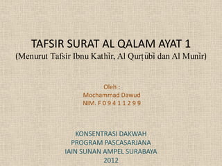 TAFSIR SURAT AL QALAM AYAT 1
(Menurut Tafsir Ibnu Kathi>r, Al Qurt}u>bi> dan Al Muni>r)


                           Oleh :
                    Mochammad Dawud
                    NIM. F 0 9 4 1 1 2 9 9



                  KONSENTRASI DAKWAH
                PROGRAM PASCASARJANA
              IAIN SUNAN AMPEL SURABAYA
                         2012
 