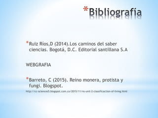*
*Ruiz Ríos,D (2014).Los caminos del saber
ciencias. Bogotá, D.C. Editorial santillana S.A
WEBGRAFIA
*Barreto, C (2015). Reino monera, protista y
fungi. Blogspot.
http://cc-sciences5.blogspot.com.co/2015/11/ns-unit-2-classificaction-of-living.html
 