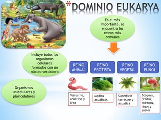 *
Es el más
importante, se
encuentra los
reinos más
comunes
Organismos
unicelulares y
pluricelulares
Incluye todos los
organismos
celulares
formados con un
núcleo verdadero
REINO
FUNGI
REINO
PROTISTA
REINO
VEGETAL
REINO
ANIMAL
Bosques,
prados,
océanos,
lagos y
suelos
Medios
acuáticos
Superficie
terrestre y
acuática
Terrestre,
acuática y
área
 