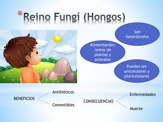 *
Pueden ser
unicelulares y
pluricelulares
Alimentación:
restos de
plantas y
animales
Son
heterótrofos
BENEFICIOS
Antibióticos
Comestibles
CONSECUENCIAS
Enfermedades
Muerte
 