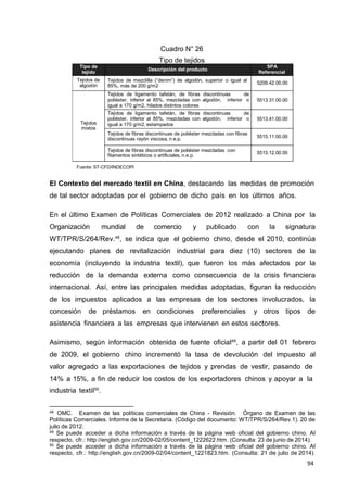 94
Cuadro N° 26
Tipo de tejidos
Tipo de
tejido
Descripción del producto
SPA
Referencial
Tejidos de
algodón
Tejidos de mezclilla (“denim”) de algodón, superior o igual al
85%, más de 200 g/m2
5209.42.00.00
Tejidos
mixtos
Tejidos de ligamento tafetán, de fibras discontinuas de
poliéster, inferior al 85%, mezcladas con algodón, inferior o
igual a 170 g/m2, hilados distintos colores
5513.31.00.00
Tejidos de ligamento tafetán, de fibras discontinuas de
poliéster, inferior al 85%, mezcladas con algodón, inferior o
igual a 170 g/m2, estampados
5513.41.00.00
Tejidos de fibras discontinuas de poliéster mezcladas con fibras
discontinuas rayón viscosa, n.e.p. 5515.11.00.00
Tejidos de fibras discontinuas de poliéster mezcladas con
filamentos sintéticos o artificiales, n.e.p.
5515.12.00.00
Fuente: ST-CFD/INDECOPI
El Contexto del mercado textil en China, destacando las medidas de promoción
de tal sector adoptadas por el gobierno de dicho país en los últimos años.
En el último Examen de Políticas Comerciales de 2012 realizado a China por la
Organización mundial de comercio y publicado con la signatura
WT/TPR/S/264/Rev.48
, se indica que el gobierno chino, desde el 2010, continúa
ejecutando planes de revitalización industrial para diez (10) sectores de la
economía (incluyendo la industria textil), que fueron los más afectados por la
reducción de la demanda externa como consecuencia de la crisis financiera
internacional. Así, entre las principales medidas adoptadas, figuran la reducción
de los impuestos aplicados a las empresas de los sectores involucrados, la
concesión de préstamos en condiciones preferenciales y otros tipos de
asistencia financiera a las empresas que intervienen en estos sectores.
Asimismo, según información obtenida de fuente oficial49
, a partir del 01 febrero
de 2009, el gobierno chino incrementó la tasa de devolución del impuesto al
valor agregado a las exportaciones de tejidos y prendas de vestir, pasando de
14% a 15%, a fin de reducir los costos de los exportadores chinos y apoyar a la
industria textil50
.
48 OMC. Examen de las políticas comerciales de China - Revisión. Órgano de Examen de las
Políticas Comerciales. Informe de la Secretaría. (Código del documento: WT/TPR/S/264/Rev.1). 20 de
julio de 2012.
49 Se puede acceder a dicha información a través de la página web oficial del gobierno chino. Al
respecto, cfr.: http://english.gov.cn/2009-02/05/content_1222622.htm. (Consulta: 23 de junio de 2014).
50 Se puede acceder a dicha información a través de la página web oficial del gobierno chino. Al
respecto, cfr.: http://english.gov.cn/2009-02/04/content_1221823.htm. (Consulta: 21 de julio de 2014).
 