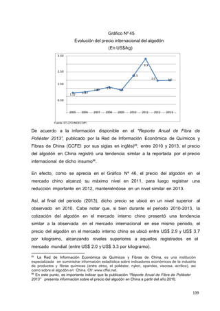 139
139
139
Gráfico Nº 45
Evolución del precio internacional del algodón
(En US$/kg)
3.50
3.3
2.50
1.50
0.50
1.22 1.27
1.40
1.6
1.4
2.3
2.0 2.0
2005 2006 2007 2008 2009 2010 2011 2012 2013
Fuente: ST-CFD/INDECOPI
De acuerdo a la información disponible en el “Reporte Anual de Fibra de
Poliéster 2013”, publicado por la Red de Información Económica de Químicos y
Fibras de China (CCFEI por sus siglas en inglés)85
, entre 2010 y 2013, el precio
del algodón en China registró una tendencia similar a la reportada por el precio
internacional de dicho insumo86
.
En efecto, como se aprecia en el Gráfico Nº 46, el precio del algodón en el
mercado chino alcanzó su máximo nivel en 2011, para luego registrar una
reducción importante en 2012, manteniéndose en un nivel similar en 2013.
Así, al final del periodo (2013), dicho precio se ubicó en un nivel superior al
observado en 2010. Cabe notar que, si bien durante el periodo 2010-2013, la
cotización del algodón en el mercado interno chino presentó una tendencia
similar a la observada en el mercado internacional en ese mismo periodo, el
precio del algodón en el mercado interno chino se ubicó entre US$ 2.9 y US$ 3.7
por kilogramo, alcanzando niveles superiores a aquellos registrados en el
mercado mundial (entre US$ 2.0 y US$ 3.3 por kilogramo).
85
La Red de Información Económica de Químicos y Fibras de China, es una institución
especializada en suministrar información estadística sobre indicadores económicos de la industria
de productos y fibras químicas (entre otros, el poliéster, nylon, spandex, viscosa, acrílico), así
como sobre el algodón en China. Cfr: www.cffei.net.
86
En este punto, es importante indicar que la publicación “Reporte Anual de Fibra de Poliéster
2013” presenta información sobre el precio del algodón en China a partir del año 2010.
 