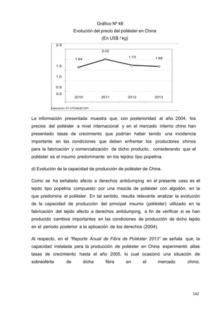 142
142
142
Gráfico Nº 48
Evolución del precio del poliéster en China
(En US$ / kg)
2.5
2.02
1.64
1.73 1.68
1.5
1.0
0.5
0.0
2010 2011 2012 2013
Elaboración: ST-CFD/INDECOPI
La información presentada muestra que, con posterioridad al año 2004, los
precios del poliéster a nivel internacional y en el mercado interno chino han
presentado tasas de crecimiento que podrían haber tenido una incidencia
importante en las condiciones que deben enfrentar los productores chinos
para la fabricación y comercialización de dicho producto, considerando que el
poliéster es el insumo predominante en los tejidos tipo popelina.
d) Evolución de la capacidad de producción de poliéster de China.
Como se ha señalado afecto a derechos antidumping en el presente caso es el
tejido tipo popelina compuesto por una mezcla de poliéster con algodón, en la
que predomina el poliéster. En tal sentido, resulta relevante analizar la evolución
de la capacidad de producción del principal insumo (poliéster) utilizado en la
fabricación del tejido afecto a derechos antidumping, a fin de verificar si se han
producido cambios importantes en las condiciones de producción de dicho tejido
en el periodo posterior a la aplicación de los derechos (2004).
Al respecto, en el “Reporte Anual de Fibra de Poliéster 2013” se señala que, la
capacidad instalada para la producción de poliéster en China experimentó altas
tasas de crecimiento hasta el año 2005, lo cual ocasionó una situación de
sobreoferta de dicha fibra en el mercado chino.
 
