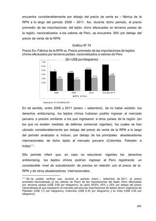 189
189
189
7.00
6.00
5.00 4.71
4.00
3.00
2.00
encuentra considerablemente por debajo del precio de venta ex – fábrica de la
RPN a lo largo del periodo 2008 – 2011. Así, durante dicho periodo, el precio
promedio de las importaciones del tejido chino efectuadas en terceros países de
la región, nacionalizados a los valores de Perú, se encuentra 39% por debajo del
precio de venta de la RPN.
Gráfico Nº 74
Precio Ex–Fábrica de la RPN vs. Precio promedio de las importaciones de tejidos
chinos efectuados por terceros países, nacionalizados a valores de Perú
(En US$ por kilogramo)
6.35
4.36
5.17
3.68
2.91 2.71
3.12
2008 2009 2010 Ene-Set 2011
RPN China
Elaboración: ST-CFD/INDECOPI
En tal sentido, entre 2008 y 2011 (enero – setiembre), de no haber existido los
derechos antidumping, los tejidos chinos hubieran podido ingresar al mercado
peruano a precios similares a los que ingresaron a otros países de la región (en
los que no existen medidas de defensa comercial vigentes), los cuales se han
ubicado considerablemente por debajo del precio de venta de la RPN a lo largo
del periodo analizado e, incluso, por debajo de los principales abastecedores
internacionales de dicho tejido al mercado peruano (Colombia, Pakistán e
India)111
.
Ello permite inferir que, en caso no estuvieran vigentes los derechos
antidumping, los tejidos chinos podrían ingresar al Perú registrando un
considerable nivel de subvaloración de precios en relación con el precio de la
RPN y de otros abastecedores internacionales.
111 Se ha podido verificar que, durante el periodo enero – setiembre de 2011, el precio
promedio nacionalizado (a los valores de Perú) de las importaciones del tejido chino efectuadas
por terceros países (US$ 3.68 por kilogramo), se ubicó 48.6%, 42% y 25% por debajo del precio
nacionalizado al que ingresaron al mercado peruano las importaciones de tejidos denim originarios de
Pakistán (US$ 7.2 por kilogramo), Colombia (US$ 6.30 por kilogramo) y la India (US$ 4.90 por
kilogramo).
 