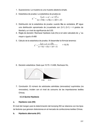237
237
237
1. Suposiciones: La muestra es una muestra aleatoria simple.
2. Estadística de prueba: La estadística de prueba es:
 2
 a.b  c.d  n / 22
n
(a  b)(c  d)(a  c)(b  d)
3. Distribución de la estadística de prueba: cuando Ho es verdadera, X2
sigue
una distribución aproximada de ji-cuadrada con (3-1) (3-1) = 4 grados de
libertad y un nivel de significancia de 0.05.
4. Regla de decisión: Rechazar hipótesis nula (Ho) si el valor calculado de
mayor o igual a 9.488
5. Cálculo de la estadística de prueba. Al desarrollar la fórmula tenemos:
 2
es
2

 a.b 
c.d 
n/ 22
n
(a  b)(c  d)(a  c)(b  d)
= 10.75
6. Decisión estadística: Dado que 10.75 > 9.488, Rechazar Ho.
9.488 10.75
7. Conclusión: El número de solicitudes admitidas (renovados)/ suprimidos (no
renovados), inciden con el nivel de consumo de las importaciones textiles
Chinas.
4.3.5 Quinta Hipótesis
a. Hipótesis nula (H0)
El nivel del margen para la determinación del dumping NO se relaciona con los tipos
de factores que generan distorsiones en el mercado de confecciones textiles Chinas.
b. Hipótesis alternante (H1)
 