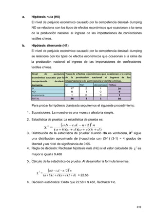239
239
239
a. Hipótesis nula (H0)
El nivel de perjuicio económico causado por la competencia desleal- dumping
NO se relaciona con los tipos de efectos económicos que ocasionan a la rama
de la producción nacional el ingreso de las importaciones de confecciones
textiles chinas.
b. Hipótesis alternante (H1)
El nivel de perjuicio económico causado por la competencia desleal- dumping
se relaciona con los tipos de efectos económicos que ocasionan a la rama de
la producción nacional el ingreso de las importaciones de confecciones
textiles chinas.
Nivel de perjuicio
económico causado por la
competencia desleal-
Tipos de efectos económicos que ocasionan a la rama
de la producción nacional el ingreso de las
importaciones de confecciones textiles chinas.
dumping. SI NO desconoce TOTAL
SI 17 2 1 20
NO 8 1 0 9
desconoce 1 0 0 1
TOTAL 26 3 1 30
Para probar la hipótesis planteada seguiremos el siguiente procedimiento:
1. Suposiciones: La muestra es una muestra aleatoria simple.
2. Estadística de prueba: La estadística de prueba es:
 2
 a.b  c.d  n / 22
n
(a  b)(c  d)(a  c)(b  d)
3. Distribución de la estadística de prueba: cuando Ho es verdadera, X2
sigue
una distribución aproximada de ji-cuadrada con (3-1) (3-1) = 4 grados de
libertad y un nivel de significancia de 0.05.
4. Regla de decisión: Rechazar hipótesis nula (Ho) si el valor calculado de
mayor o igual a 9.488
5. Cálculo de la estadística de prueba. Al desarrollar la fórmula tenemos:
a.b  c.d  n/ 22
n
 2
es
2

(a  b)(c  d)(a  c)(b  d) = 22.58
6. Decisión estadística: Dado que 22.58 > 9.488, Rechazar Ho.
 