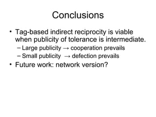 Conclusions
• Tag-based indirect reciprocity is viable
when publicity of tolerance is intermediate.
– Large publicity → co...