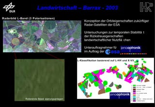 Landwirtschaft – Barrax - 2003
   Radarbild L-Band (3 Polarisationen)
                                                                              Konzeption der Orbiteigenschaften zukünftiger
                                                                              Radar-Satelliten der ESA

                                                                              Untersuchungen zur temporalen Stabilitä t
                                                                              der Rückstreueigenschaften
                                                                              landwirtschaftlicher Nutzflä chen

                                                                              Unterauftragnehmer für
                                                                              im Auftrag der

                                                                  ML-Klassifikation basierend auf L-HH und X-VV




                                Rotierende Bewä sserungsanlagen

trum für Luft- und Raumfahrt e.V.                                  Folie 11                             Institut für Hochfrequenztechnik und Rada
 