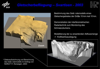 Gletscherbefliegung – Svartisen - 2003

                                                                  Bestimmung des Gelä ndemodells eines
                                                                  Gletschergebietes der Grö 10 km mal 10 km.
                                                                                           ße

                                                                  Demonstration der interferometrischen
                                                                  Radartechnik zum Monitoring des
                                                                  Schneevolumens.

                                                                  Modellierung der zu erwartenden Abflussmenge
                                                                  -> Kraftwerksauslegung



                                                Zoom




      • Datenaufzeichnung und Berechnung
        des Gelä ndemodells im Auftrag von
        NORUT IT, Norwegen, 2003
trum für Luft- und Raumfahrt e.V.                      Folie 12                            Institut für Hochfrequenztechnik und Rada
 