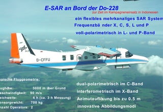 E-SAR an Bord der Do-228
                                                          zur Zeit im Kampagneneinsatz in Indonesien
                                             ein flexibles mehrkanaliges SAR System
                                             Frequenzbä nder X, C, S, L und P
                                              voll-polarimetrisch in L- und P-Band




ypische Fluggeometrie:
                                              dual-polarimetrisch im C-Band
lughöhe:          3000 m über Grund
 eschwindigkeit: 90 m/s                       interferometrisch im X-Band
eichweite:         4 h (ca. 3 h Messung)      Azimutauflösung bis zu 0.5 m
ensorgewicht:    700 kg
nzahl Operators: 2                            innovative Abbildungsmodi
trum für Luft- und Raumfahrt e.V.               Folie 6                         Institut für Hochfrequenztechnik und Rada
 