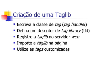 Criação de uma Taglib Escreva a classe de  tag  ( tag   handler ) Defina um descritor de  tag   library  (tld) Registre a  taglib  no servidor  web Importe a  taglib  na página Utilize as  tags  customizadas 