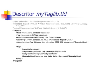 Descritor  myTaglib.tld <?xml version="1.0" encoding="ISO-8859-1" ?> <!DOCTYPE taglib PUBLIC "-//Sun Microsystems, Inc.//DTD JSP Tag Library 1.2//EN” "http://java.sun.com/dtd/web-jsptaglibrary_1_2.dtd"> <taglib> <tlib-version>1.0</tlib-version> <jsp-version>1.2</jsp-version> <short-name>javaone2001-taglib</short-name> <uri>http://www.concise.co.uk/javaone2001-taglib</uri> <description>Tag library for JavaOne 2001 BOF examples</description> <tag> <name>date</name> <tag-class>javaone.tag.DateTag</tag-class> <body-content>empty</body-content> <description>Inserts the date into the page</description> </tag> </taglib> 