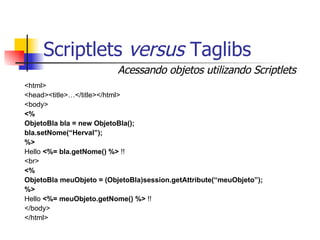 Scriptlets  versus  Taglibs <html> <head><title>…</title></html> <body> <% ObjetoBla bla = new ObjetoBla(); bla.setNome(“Herval”); %> Hello  <%= bla.getNome() %>  !! <br> <%  ObjetoBla meuObjeto = (ObjetoBla)session.getAttribute(“meuObjeto”); %> Hello  <%= meuObjeto.getNome() %>  !! </body> </html> Acessando objetos utilizando Scriptlets 