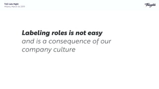 Labeling roles is not easy
and is a consequence of our
company culture
TAG Late Night
Milano, March 1st 2019
 
