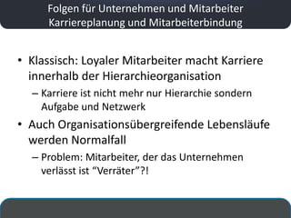 Folgen für Unternehmen und Mitarbeiter
     Karriereplanung und Mitarbeiterbindung


• Klassisch: Loyaler Mitarbeiter macht Karriere
  innerhalb der Hierarchieorganisation
  – Karriere ist nicht mehr nur Hierarchie sondern
    Aufgabe und Netzwerk
• Auch Organisationsübergreifende Lebensläufe
  werden Normalfall
  – Problem: Mitarbeiter, der das Unternehmen
    verlässt ist “Verräter”?!
 