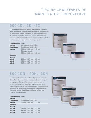 TIROIRS CHAUFFANTS DE
MAINTIEN EN TEMPÉRATURE
Capacité produits
(par tiroir)
16 kg
bac très grand format 19 kg
Capacité plats
(par tiroir)
Grand format ou GN 1/1 :
305 mm x 508 mm x 152 mm
Très grand format :
381 mm x 508 mm x 127 mm
Dimensions
H x L x P
500-1D
500-2D
500-3D
296 mm x 624 mm x 657 mm
481 mm x 624 mm x 657 mm
664 mm x 624 mm x 657 mm
500-1D, -2D, -3D
La teneur en humidité du produit est préservée sans ajout
d’eau. Intégrables dans des armoires en acier inoxydable ou
en menuiserie, sur des comptoirs ou empilés en fonction
de l’espace disponible dans votre cuisine. La commande
numérique détecte immédiatement les chutes de température
pour assurer une récupération thermique rapide.
Capacité produits
(par tiroir)
19 kg
Capacité plats
(par tiroir)
Grand format ou GN 1/1 :
305 mm x 508 mm x 152 mm
Dimensions
H x L x P
500-1DN
500-2DN
500-3DN
296 mm x 423 mm x 792 mm
481 mm x 423 mm x 792 mm
664 mm x 423 mm x 792 mm
500-1DN, -2DN, -3DN
La teneur en humidité du produit est préservée sans ajout
d’eau. Peut être encastré dans un placard ou un comptoir
ou superposé. Occupez les espaces restreints avec la
version étroite du tiroir chauffant le plus robuste sur le
marché. La commande numérique détecte immédiatement
les chutes de température pour assurer une récupération
thermique rapide. Bacs très grand format offrant une
capacité supplémentaire.
500-1D
500-2D
500-3D
500-1DN
500-2DN
500-3DN
 
