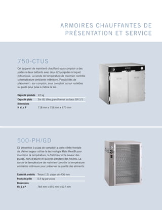 Capacité produits 22 kg
Capacité plats Six (6) tôles grand format ou bacs GN 1/1
Dimensions
H x L x P 718 mm x 756 mm x 670 mm
750-CTUS
Cet appareil de maintient chauffant sous comptoir a des
portes à deux battants avec deux (2) poignées à loquet
mécanique. La sonde de température de maintien contrôle
la température ambiante intérieure. Possibilités de
placement : sur comptoir, sous comptoir ou sur roulettes
ou pieds pour pose à même le sol.
ARMOIRES CHAUFFANTES DE
PRÉSENTATION ET SERVICE
Capacité produits Treize (13) pizzas de 406 mm
Poids de grille 0,9 kg par pizza
Dimensions
H x L x P 784 mm x 591 mm x 527 mm
500-PH/GD
Ce présentoir à pizza de comptoir à porte vitrée frontale
de pleine largeur utilise la technologie Halo Heat® pour
maintenir la température, la fraîcheur et la saveur des
pizzas, hors-d’œuvre et quiches pendant des heures. La
sonde de température de maintien contrôle la température
ambiante intérieure pour préserver la qualité des aliments.
 