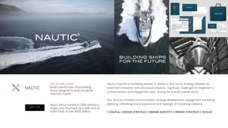 NAUTIC
Nautic required a marketing partner to deliver a blue ocean strategy followed by
brand led innovation and connected solutions. Tag 8 was challenged to implement a
communication and engagement plan, driving the brand’s market share.
Our services included communication strategy development, engagement marketing
planning, refreshing brand experience and redesign of marketing collateral.
X DIGITAL X MEDIA STRATEGY X BRAND IDENTITY X BRAND STRATEGY X DESIGN
VISIT SITE
TAG 8 CHALLENGE
Build a world-class ship-building
brand designed to lead the global
maritime market.
Nautic Africa started In 2008 without a
single cent, they have zero debt and an
order book of over R600 Million.
 