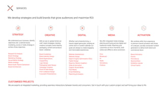 Whether we're brainstorming a
brand's digital game plan, building an
online store or content calendar our
goals are always to create engaging
and memorable experiences.
Website Development
Website Design
Search Engine Optimisation (Seo)
Digital Design
Reports/ Motion Graphics
Video & Animation
Organic Social Media
Paid Media
Email Marketing
Reporting & Analysis
With an eye on global trends we
craft brand strategies, develop
creative concepts, brand identity,
packaging, content and produce
brand collateral.
Brand Guidelines
Brand Identity Design
Brand Applications
Copywriting
Logo Design
Packaging/Label Design
Campaign Creative
Point Of Sale Design
Print Collateral Design
Corporate Presentations
We develop strategies and build brands that grow audiences and maximise ROI.
STRATEGY DIGITAL
CREATIVE MEDIA
We understand your business, identify
objectives and a tailored brand,
marketing, social or media strategy to
achieve those objectives.
Research & Analysis
Brand Strategy
Marketing Strategy
Social Media Strategy
Media strategy
Brand Audit /Name Generation
Brand Architecture
We offer integrated media strategy,
planning and buying across digital and
traditional media. Reaching your
customers at micro moments, both
online and oﬄine to drive conversion.
Print
Broadcast
Pr
Radio
Activations
Outdoor
ACTIVATION
We combine skills from experience
in premium brand activation with those
of a relevant, socially connected ‘content’
generation to deliver both brand and
commercial return.
Brand Activation
Events
Promotions
Sponsorships
Exhibition stands
Virtual Events
SERVICES
CUSTOMISED PROJECTS
We are experts at integrated marketing, providing seamless interactions between brands and consumers. Get in touch with your custom project and we’ll bring your ideas to life.
 