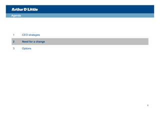 Agenda




1        CEO strategies

2        Need for a change

3        Options




                             6
 