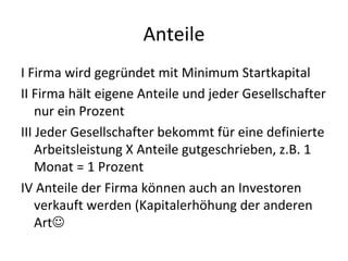 Anteile I Firma wird gegründet mit Minimum Startkapital II Firma hält eigene Anteile und jeder Gesellschafter nur ein Prozent III Jeder Gesellschafter bekommt für eine definierte Arbeitsleistung X Anteile gutgeschrieben, z.B. 1 Monat = 1 Prozent IV Anteile der Firma können auch an Investoren verkauft werden (Kapitalerhöhung der anderen Art  