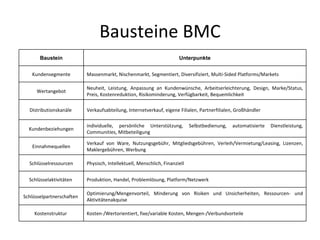 Bausteine BMC Baustein Unterpunkte Kundensegmente Massenmarkt, Nischenmarkt, Segmentiert, Diversifiziert, Multi-Sided Platforms/Markets Wertangebot Neuheit, Leistung, Anpassung an Kundenwünsche, Arbeitserleichterung, Design, Marke/Status, Preis, Kostenreduktion, Risikominderung, Verfügbarkeit, Bequemlichkeit Distributionskanäle  Verkaufsabteilung, Internetverkauf, eigene Filialen, Partnerfilialen, Großhändler Kundenbeziehungen individuelle, persönliche Unterstützung, Selbstbedienung, automatisierte Dienstleistung, Communities, Mitbeteiligung Einnahmequellen Verkauf von Ware, Nutzungsgebühr, Mitgliedsgebühren, Verleih/Vermietung/Leasing, Lizenzen, Maklergebühren, Werbung Schlüsselressourcen Physisch, Intellektuell, Menschlich, Finanziell Schlüsselaktivitäten  Produktion, Handel, Problemlösung, Platform/Netzwerk Schlüsselpartnerschaften  Optimierung/Mengenvorteil, Minderung von Risiken und Unsicherheiten, Ressourcen- und Aktivitätenakquise Kostenstruktur  Kosten-/Wertorientiert, fixe/variable Kosten, Mengen-/Verbundvorteile 
