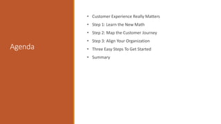 Agenda 
• Customer Experience Really Matters 
• Step 1: Learn the New Math 
• Step 2: Map the Customer Journey 
• Step 3: ...