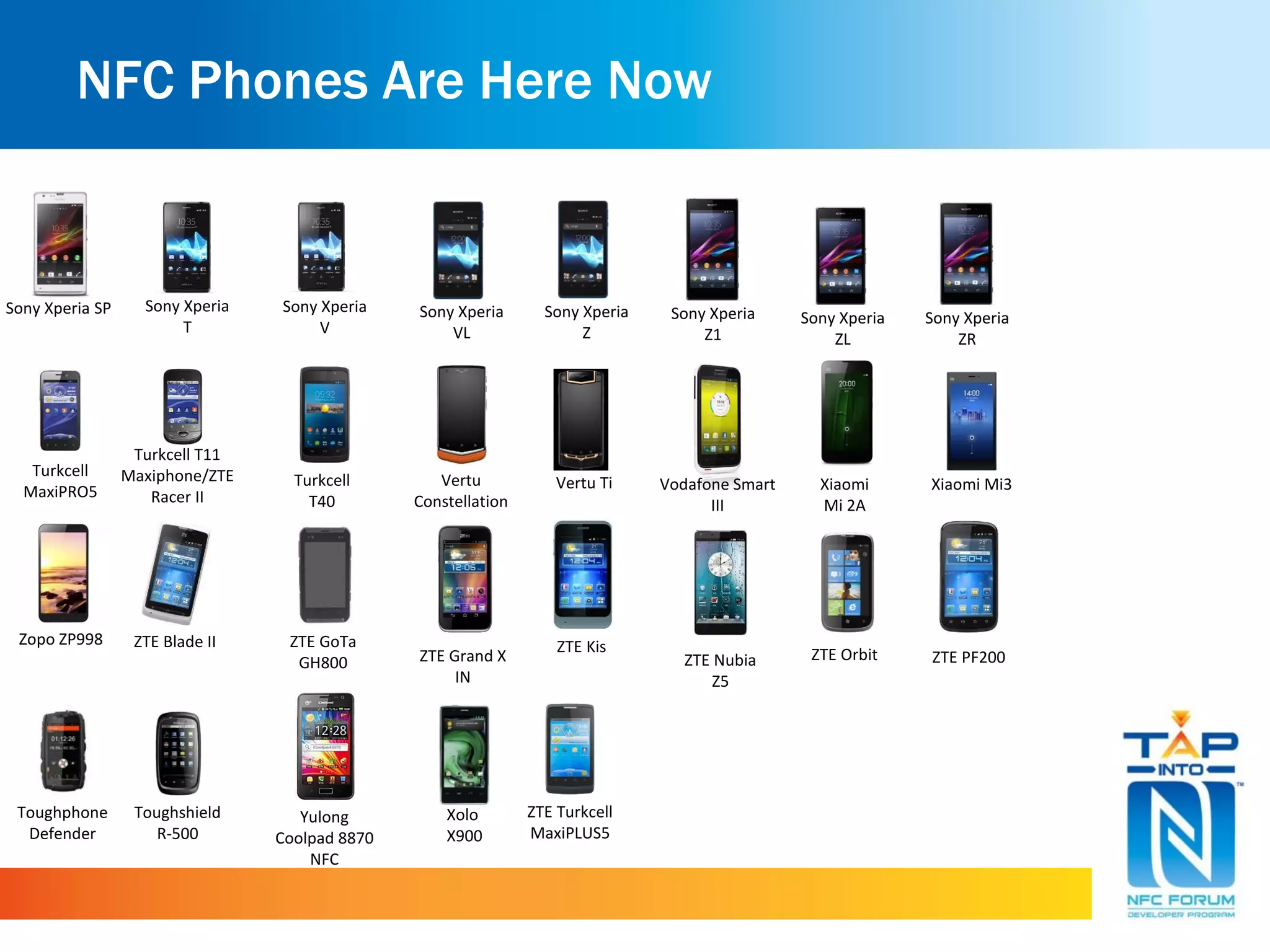 NFC Phones Are Here Now
Sony Xperia SP Sony Xperia
T
Sony Xperia
V
Sony Xperia
VL
Sony Xperia
Z
Sony Xperia
Z1
Sony Xperia
ZL
Sony Xperia
ZR
Toughphone
Defender
Turkcell T11
Maxiphone/ZTE
Racer II
Turkcell
MaxiPRO5
Toughshield
R-500
Turkcell
T40
Vertu
Constellation
Vertu Ti Vodafone Smart
III
Xiaomi
Mi 2A
Xiaomi Mi3
Yulong
Coolpad 8870
NFC
Xolo
X900
Zopo ZP998
ZTE Turkcell
MaxiPLUS5
ZTE KisZTE Blade II
ZTE Grand X
IN
ZTE Orbit
ZTE GoTa
GH800 ZTE Nubia
Z5
ZTE PF200
 