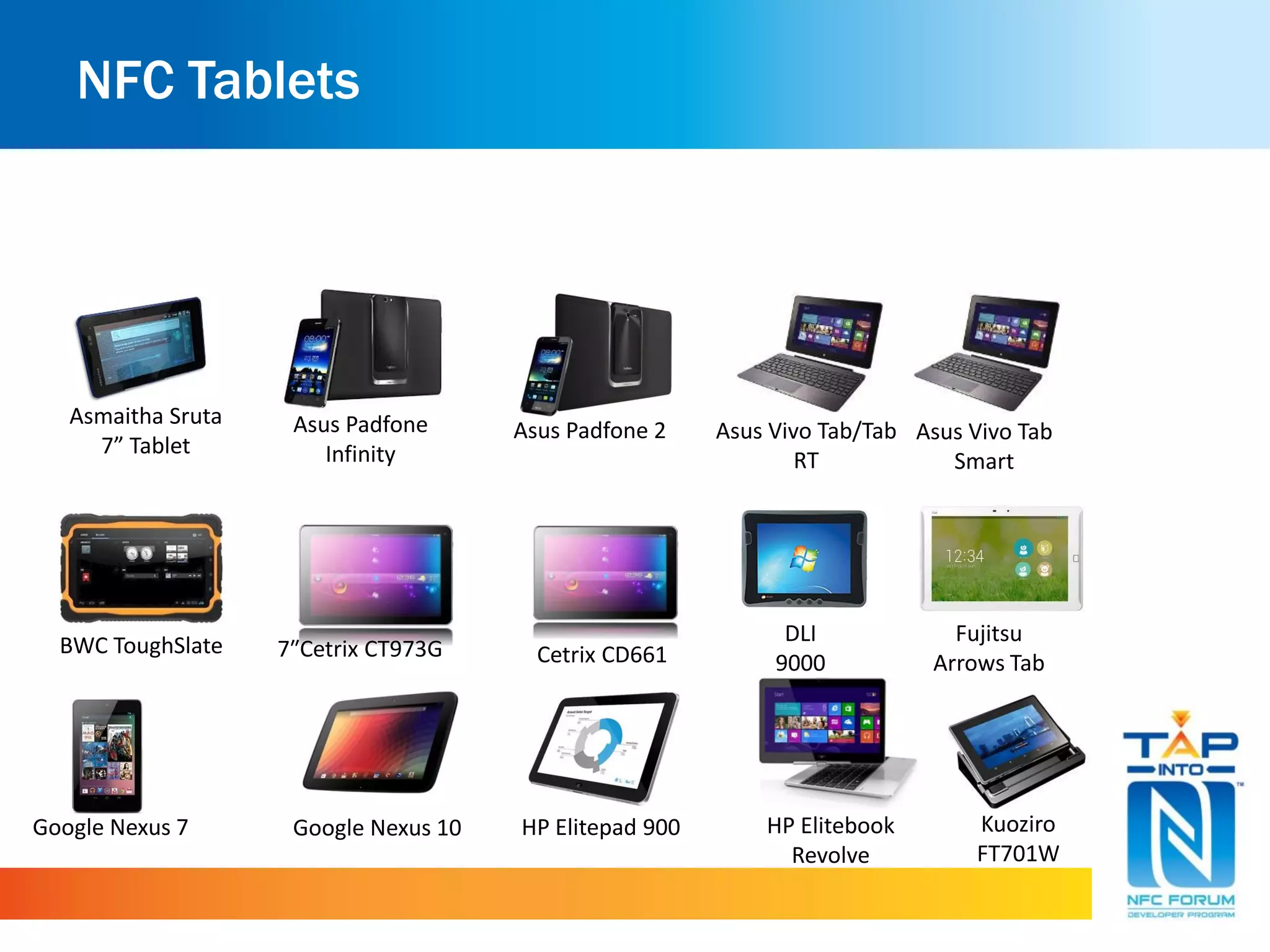 NFC Tablets
DLI
9000
Google Nexus 7 Kuoziro
FT701W
Asus Vivo Tab/Tab
RT
HP Elitebook
Revolve
Google Nexus 10
Asus Padfone
Infinity
Asus Vivo Tab
Smart
Asus Padfone 2
BWC ToughSlate Fujitsu
Arrows Tab
HP Elitepad 900
Asmaitha Sruta
7” Tablet
7″Cetrix CT973G Cetrix CD661
 