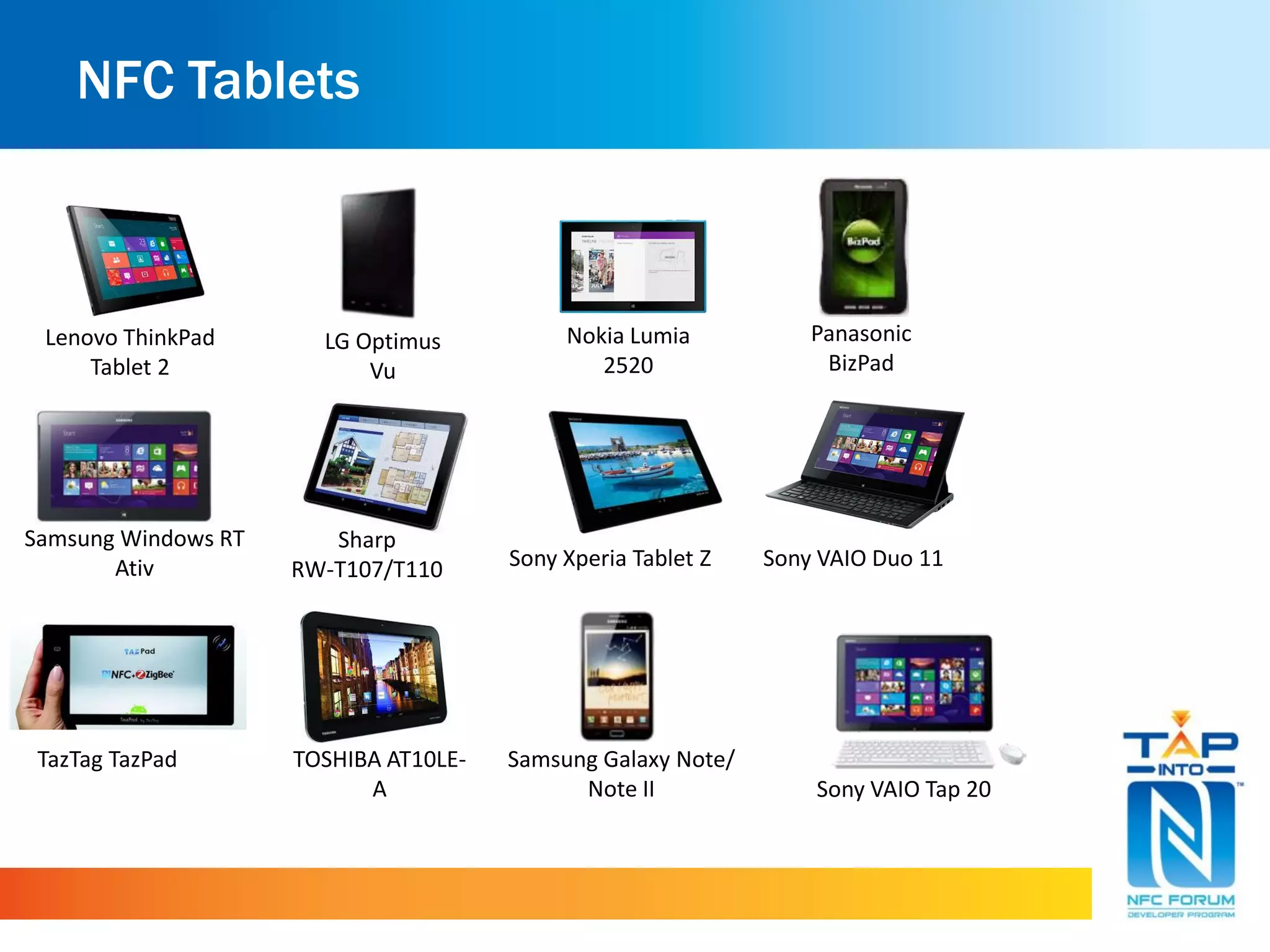 NFC Tablets
TazTag TazPad
Sharp
RW-T107/T110
Samsung Galaxy Note/
Note II
Sony VAIO Duo 11
Sony VAIO Tap 20
Samsung Windows RT
Ativ Sony Xperia Tablet Z
Nokia Lumia
2520
Panasonic
BizPad
Lenovo ThinkPad
Tablet 2
LG Optimus
Vu
TOSHIBA AT10LE-
A
 